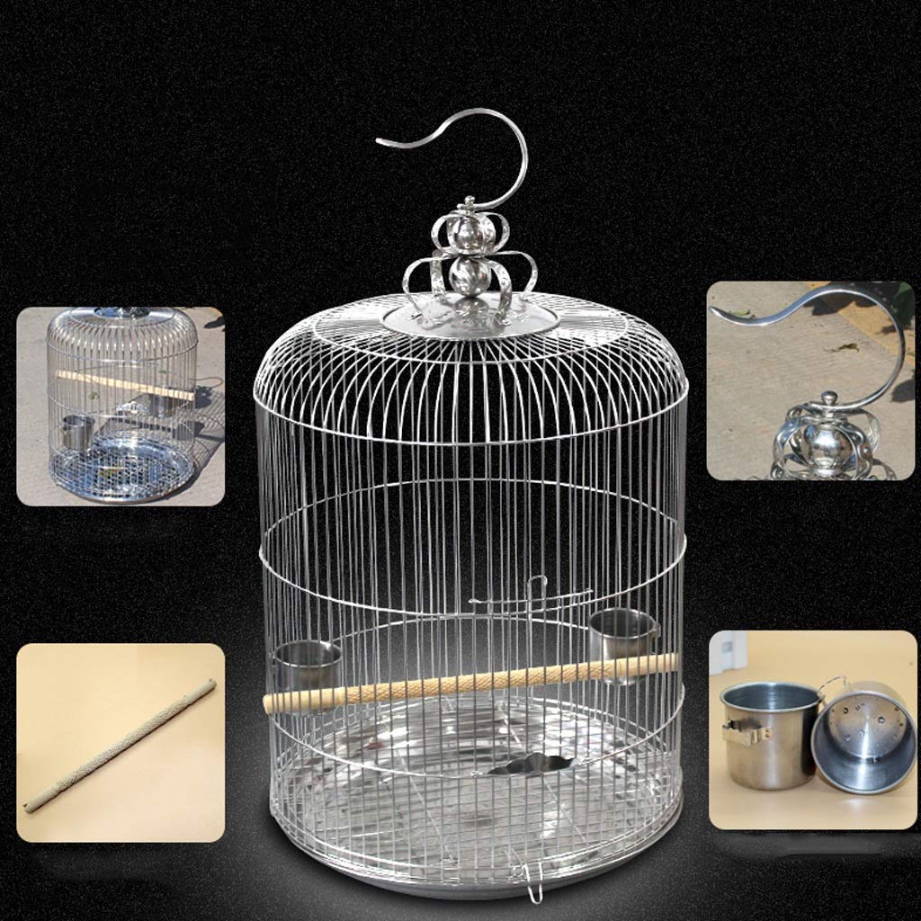 Gabbia per uccelli rotonda in acciaio inox per pappagallini, fringuelli, canarini, da appendere, gabbia per animali domestici (34 cm)