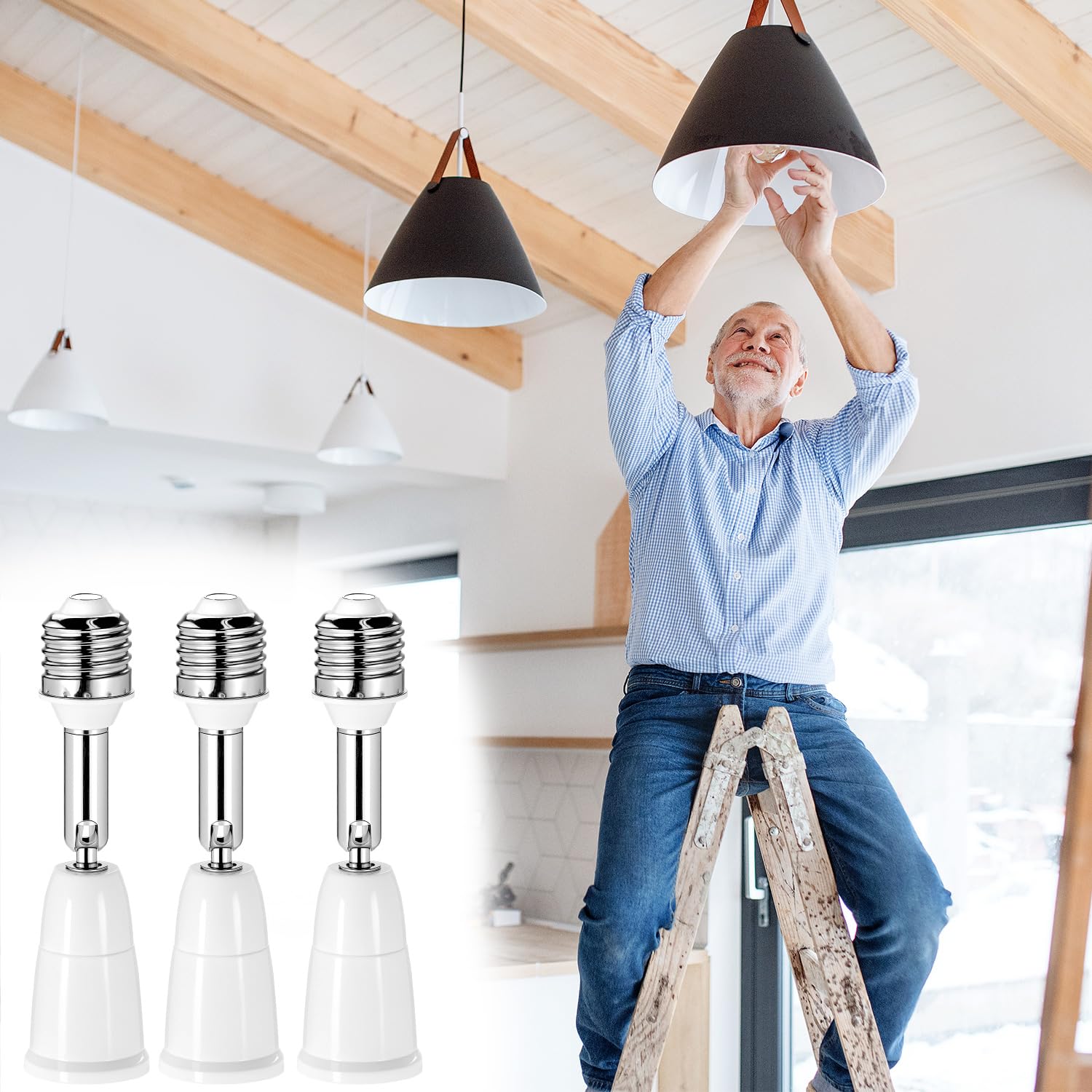 QWORK Light Socket Extender, 3 Pack E26/E27 4.5 Inch Extension with 350° Rotation & 180° Bend, Medium Base Light Bulb Extension Socket Adapter for Recessed Fixtures, LED/Smart/Sensor Bulbs