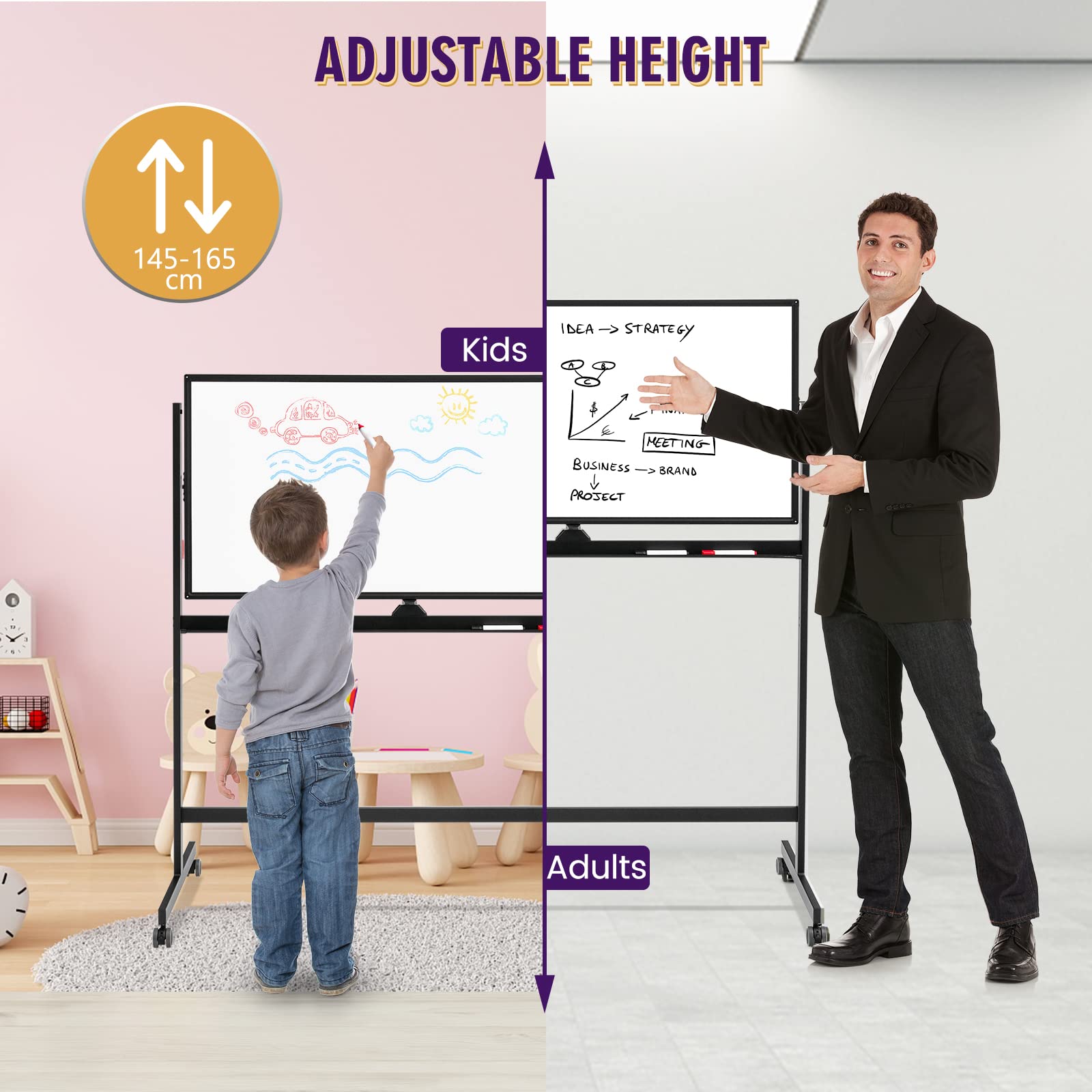 GIANTEX 120 x 60 cm dwustronna tablica magnetyczna z kołami, regulowana wysokość w 360° z 6 markerami, 12 magnesami i 1 gumką, odwracalna tablica do biura, domu, szkoły (czarna)