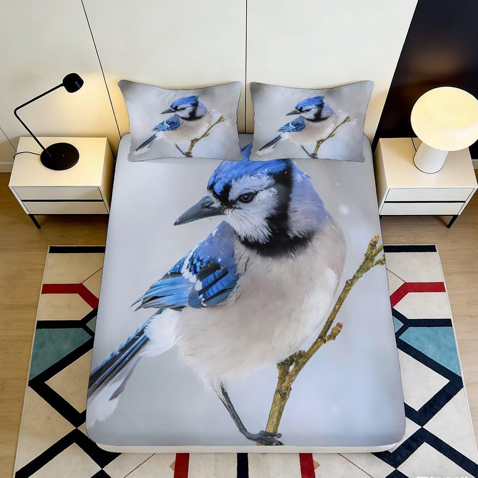 3D Printed Blue Jay Bird Fitted Sheet Microfiber Soft Breathable Branch Mattress Cover Bedroom Dorm Decor 90x200x25cm
