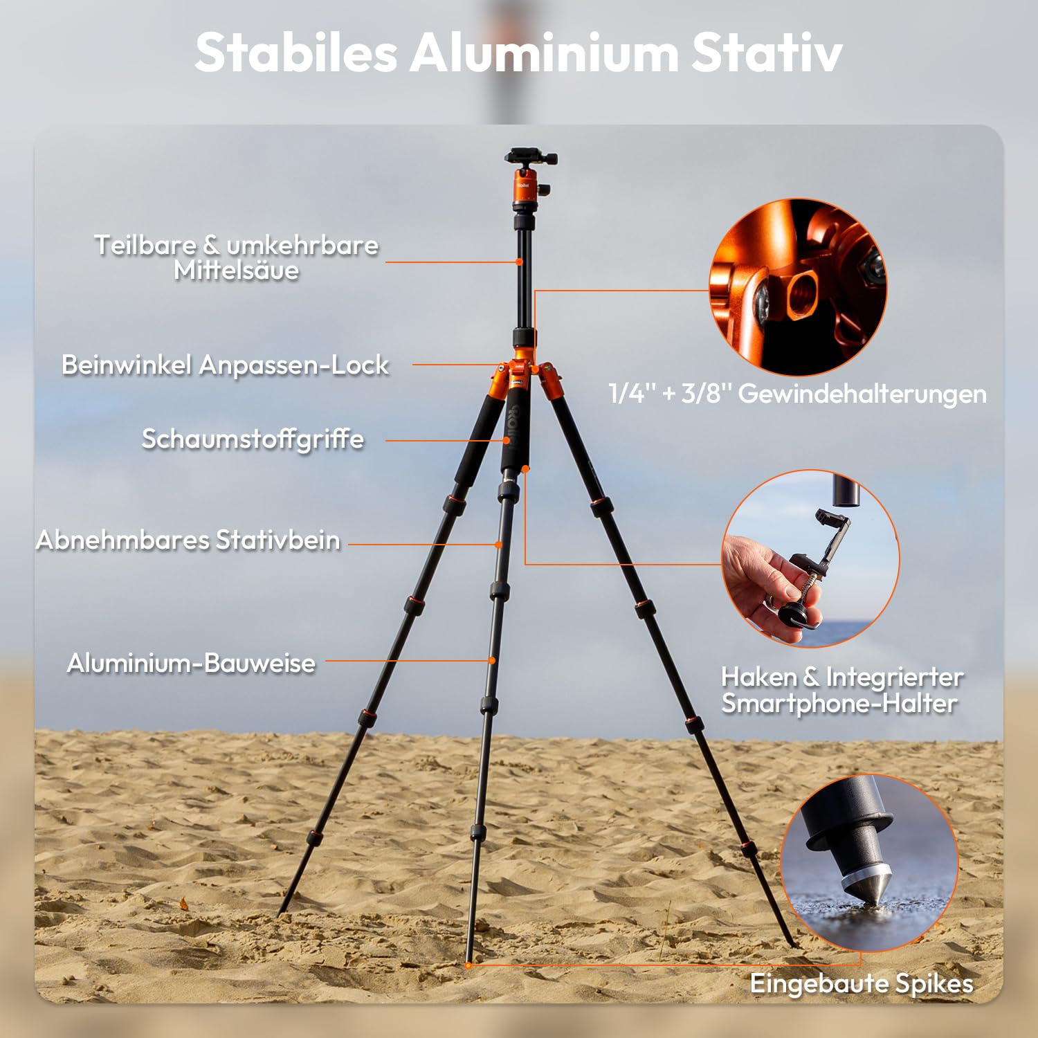 Rollei Compact Traveler No.1 Orange, 145cm Stativ Kamera mit Kugelkopf Leichtes Reisestativ aus Aluminium Fotostativ Kompakt Arca Swiss Kompatibel Kamerastativ & Einbeinstativ für DSLR und Smartphone