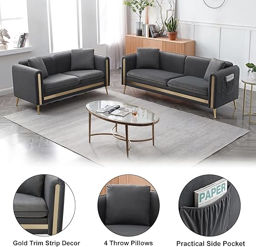 Miniatura 4 de Homtique Juego de sofá de 2 piezas moderno juego de muebles tapizados para sala de estar sofá biplaza de terciopelo con patas de metal dorado 4