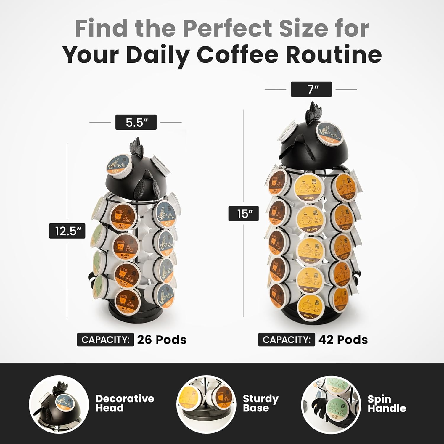 Made Easy Kit Carousel Coffee Pod Holder, Compatible with Keurig K-Pods K-Cups, Countertop Rack Storage Organizer, Metal Home and Kitchen Decor, Capsule Café Station Bar (Large, Black Rooster)