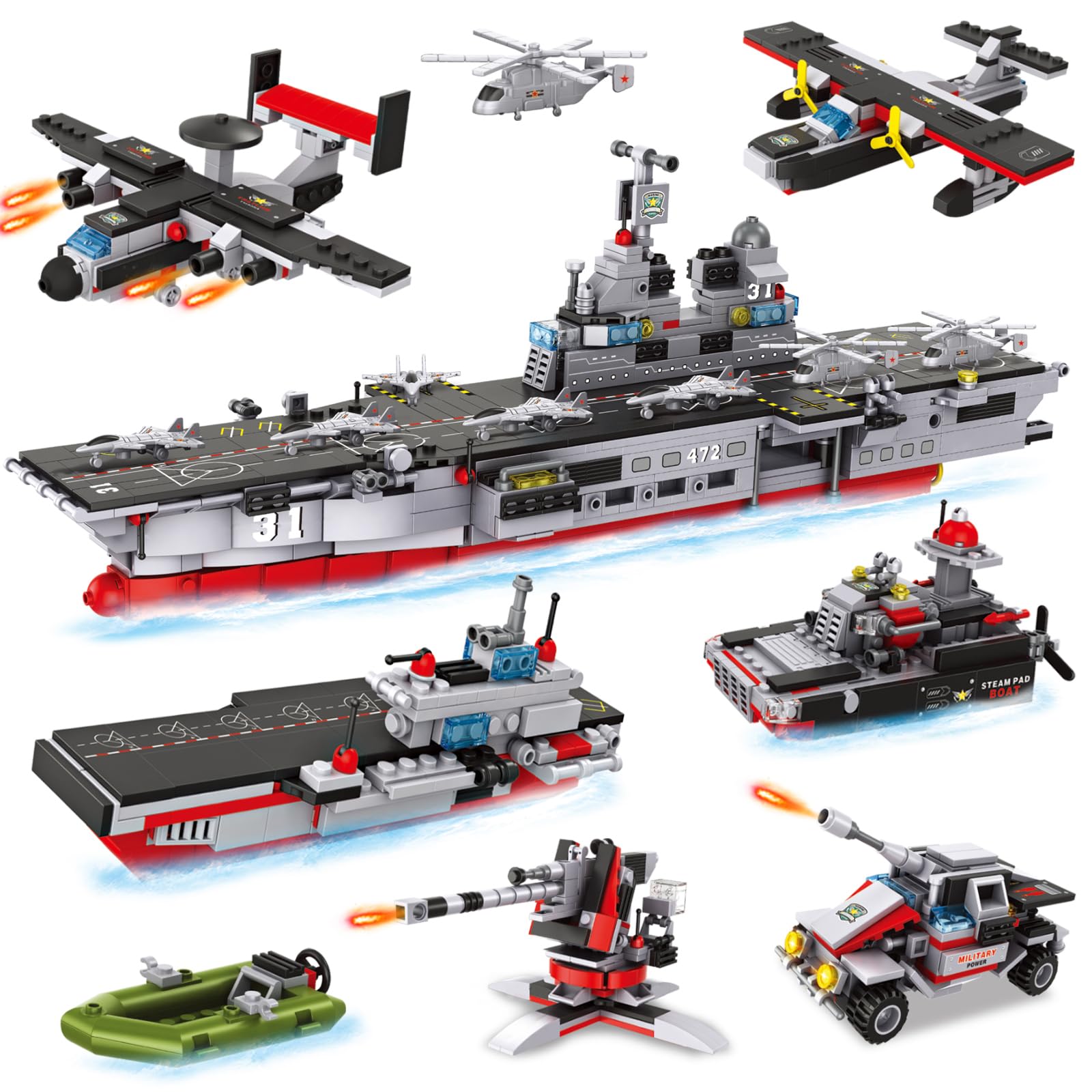 Ep Exercise N Play 1161 Pieces Aircraft Carrier Building Blocks Set,13 In 1 Military Battleship Model Building Toy Kit With Armored Tank,Fighter,Patrol Boat & Cannon Roleplay Stem Construction 6+