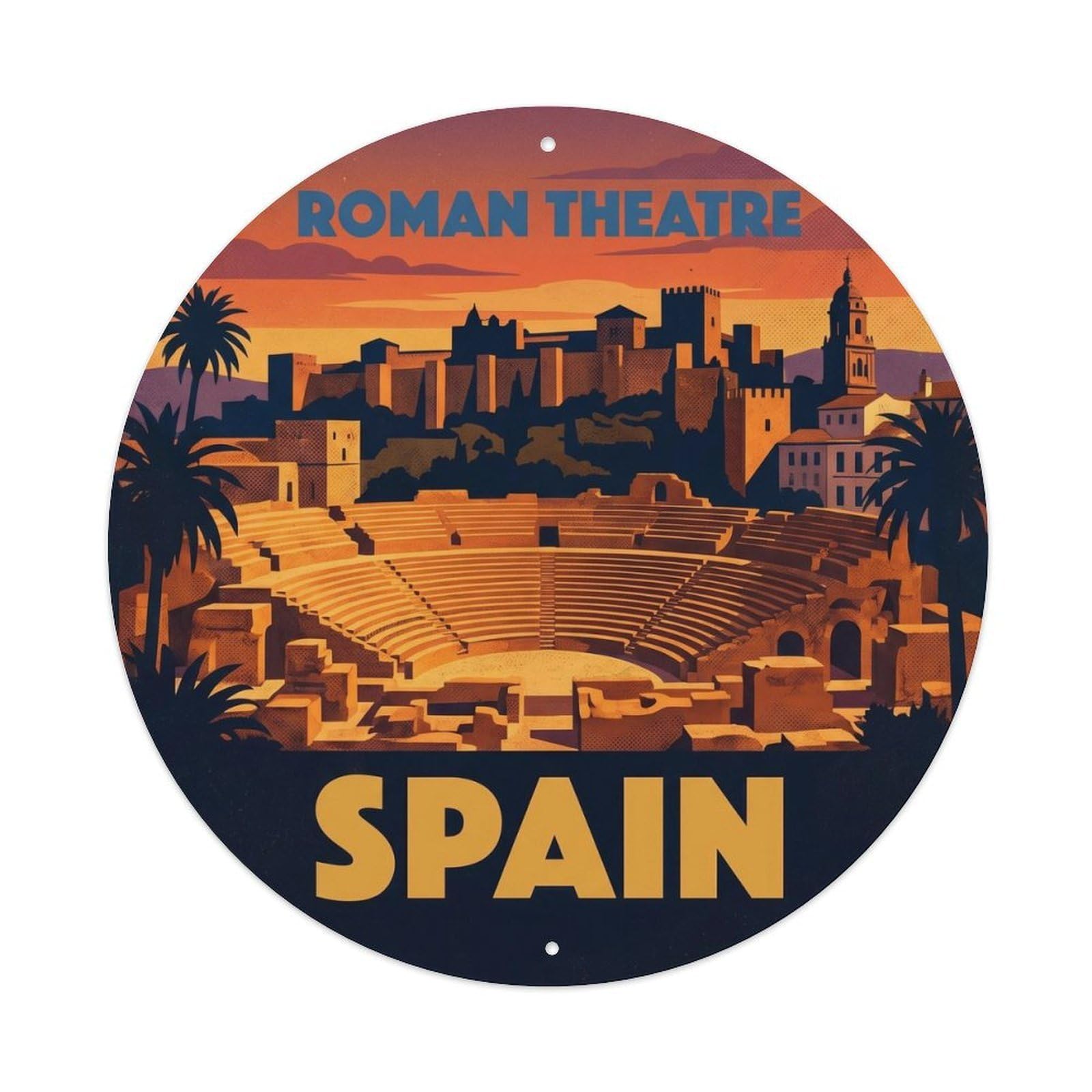 Malaga Roman Theatre Sunset Spain Landmark Travel Metal Tin Sign