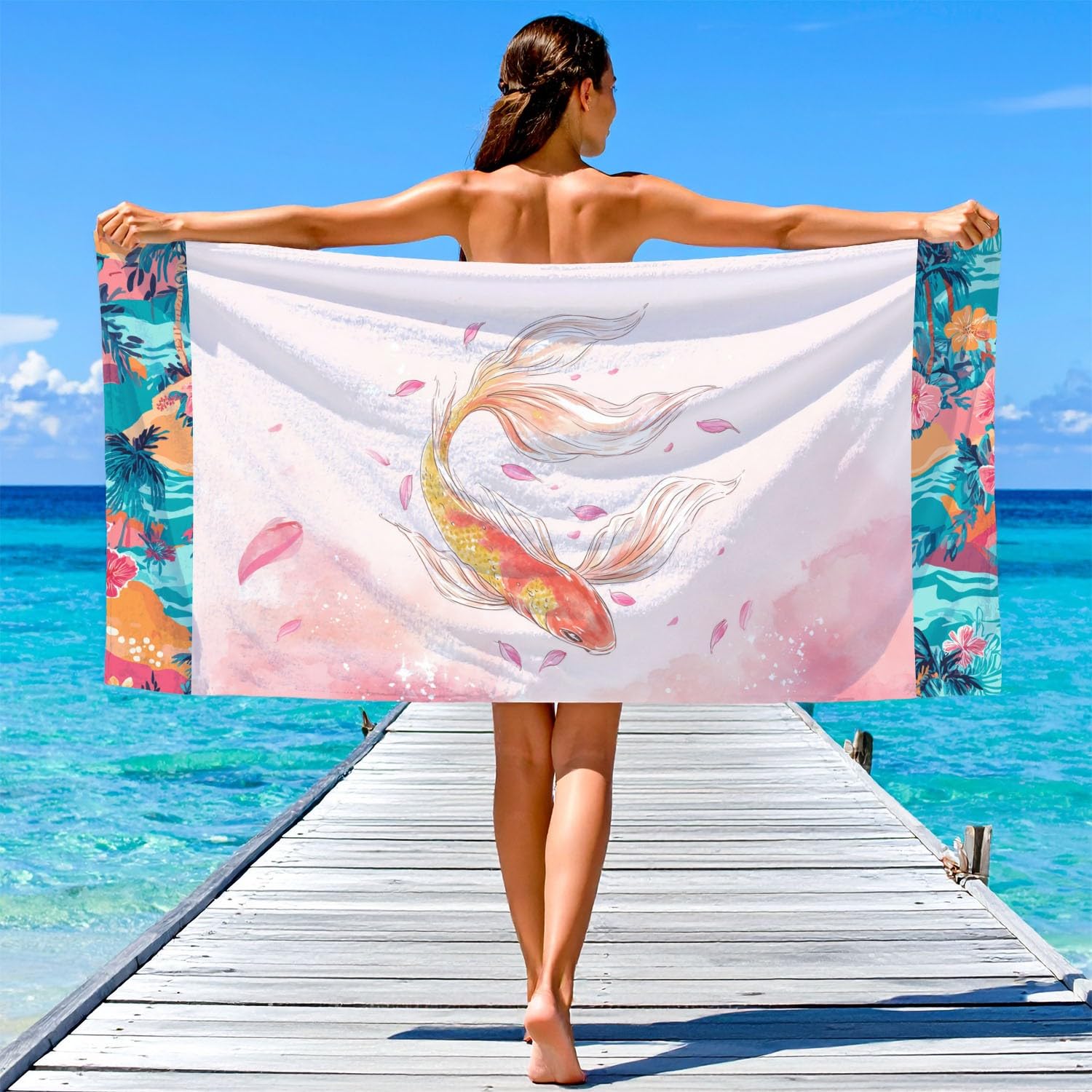 Dreamy - Toalla de playa con acuarela, secado rápido, sin arena, ligera, de microfibra, para natación, viajes, vacaciones, tranquila, elegante, animales japoneses, 200 x 100 cm