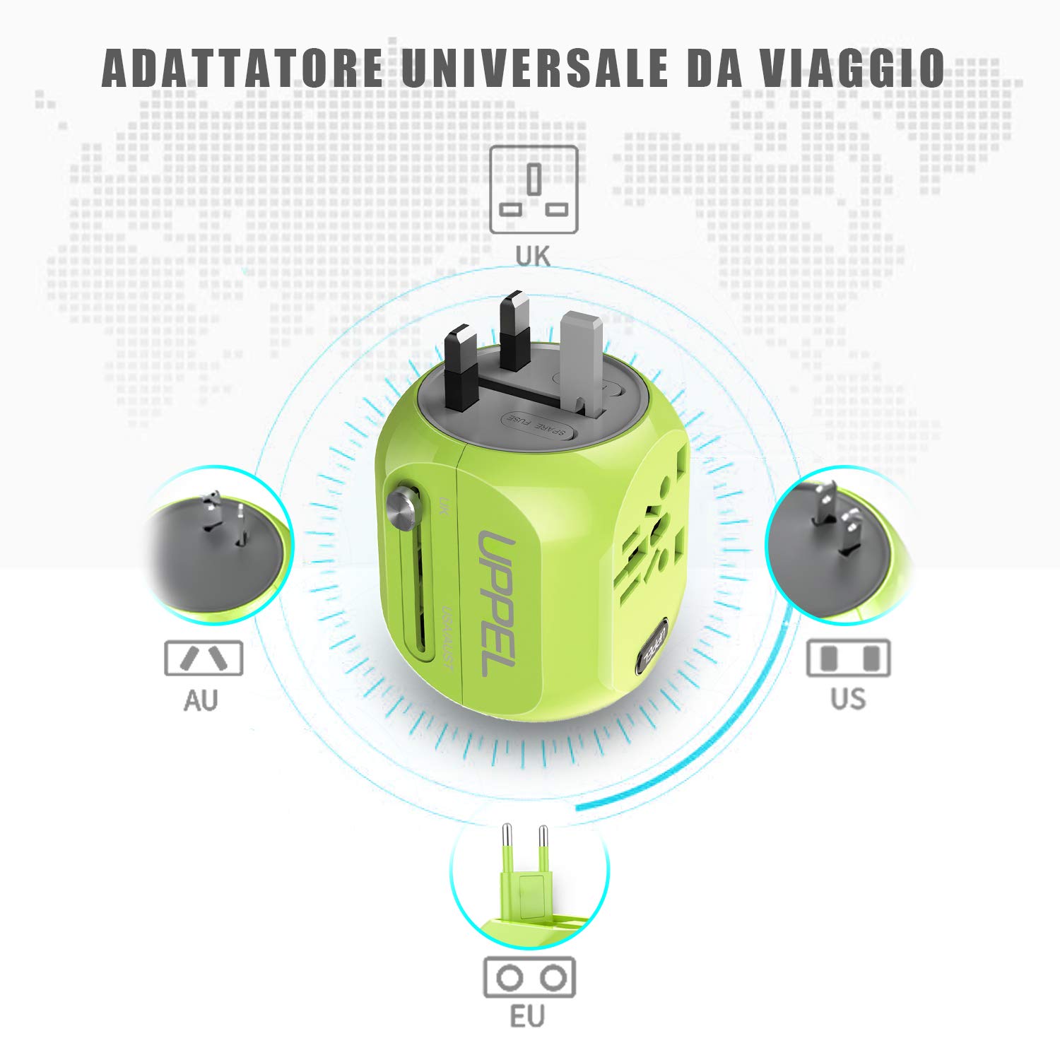 Milool Adattatore Universale da Viaggio con QC3.0 Quick Charge 2 Porte USB 3.0 e 1 Interfaccia Type-C US/EU/UK/AU in One Caricatore Multifunzioni per Oltre 180 Paesi, 2 Fuse (Spare Fuse) (Verde)