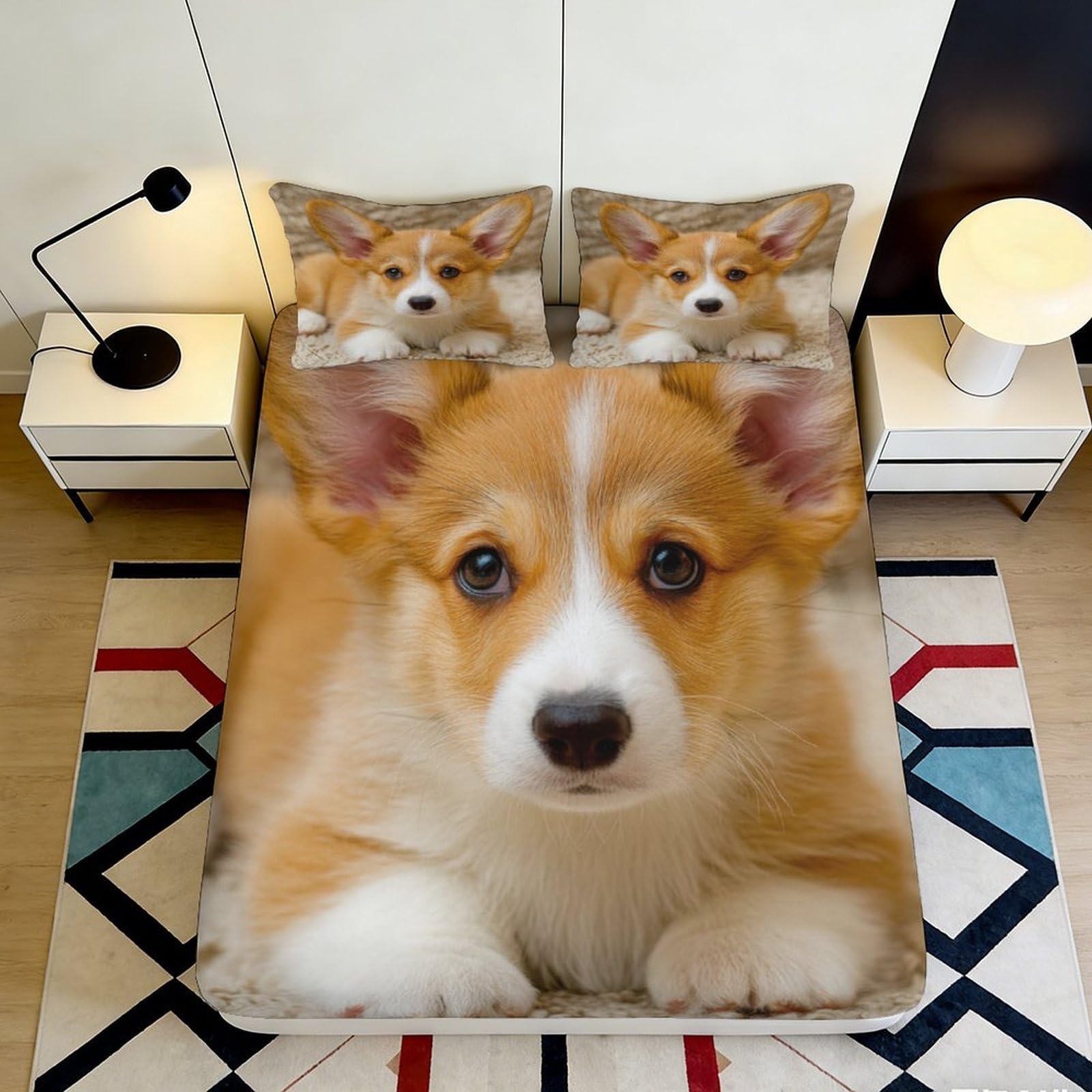 3D Printed Corgi Puppy Fitted Sheet Microfiber Soft Cute Dog Bed Cover for Bedroom Dorm Decorative Mattress Protector 90x200x25cm