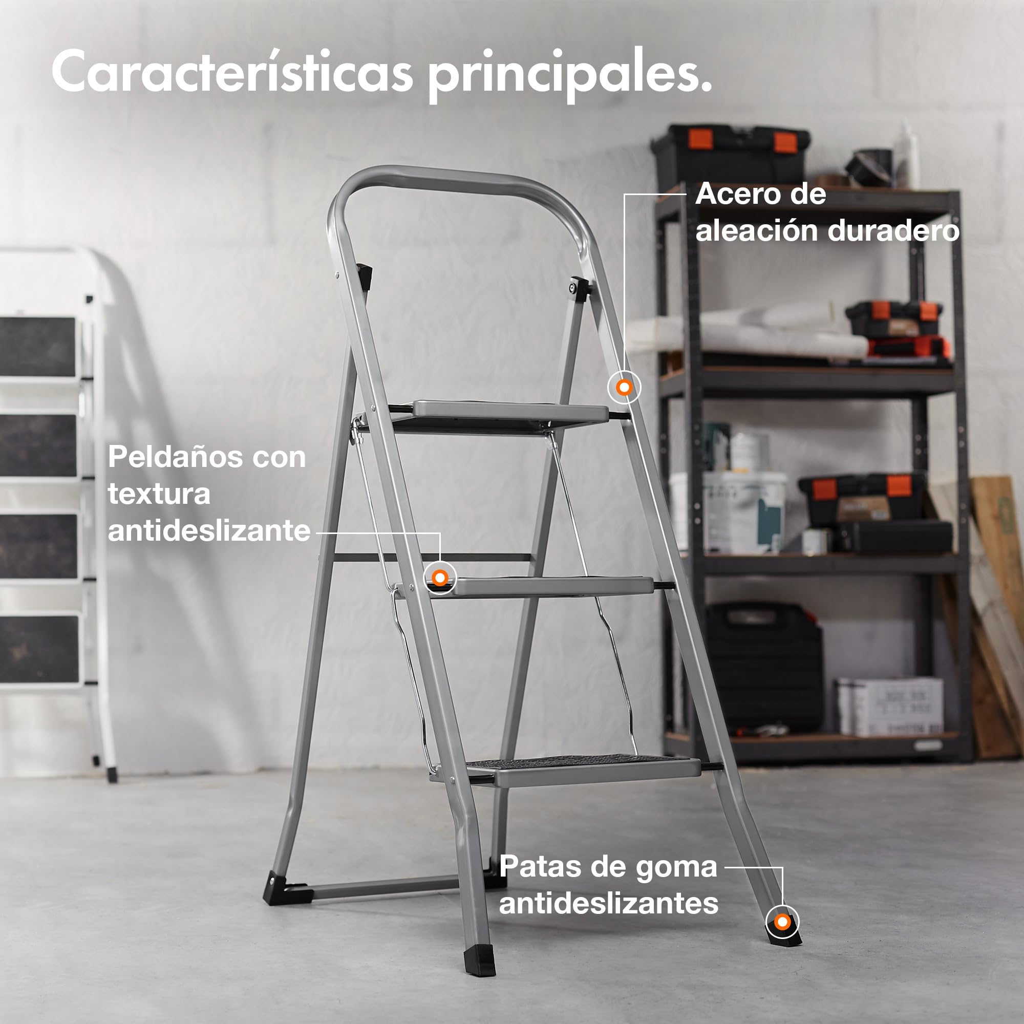 VonHaus Escalera Plegable de 3 Peldaños – Escalera de Tijera Antideslizante y Fácil de Guardar - Soporta hasta 150 Kg - Escalera Articulada Premium para Bricolaje y Jardinería – Acero Duradero