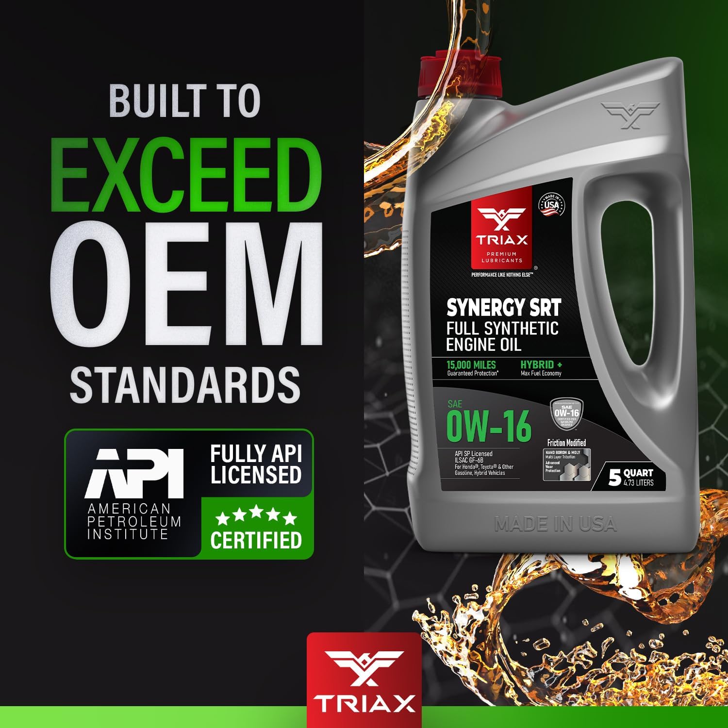 TRIAX Synergy SRT 0W-16 Full Synthetic PAO and Ester Engine Oil for Hybrid Vehicles - Extended Drain 15k Miles (5 Quart)