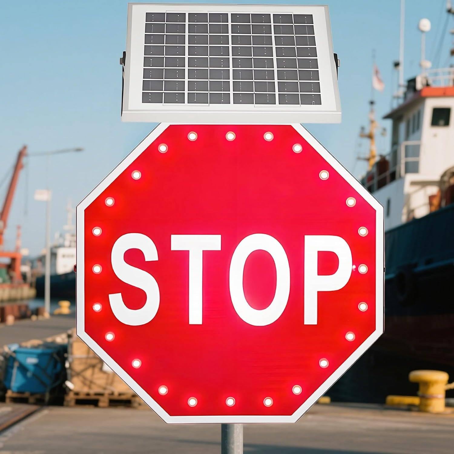 Señal Stop LED Solar para Obras y Entradas Escolares | La energía solar reduce el cableado y resulta útil donde no hay enchufes, zanjas eléctricas o red permanente