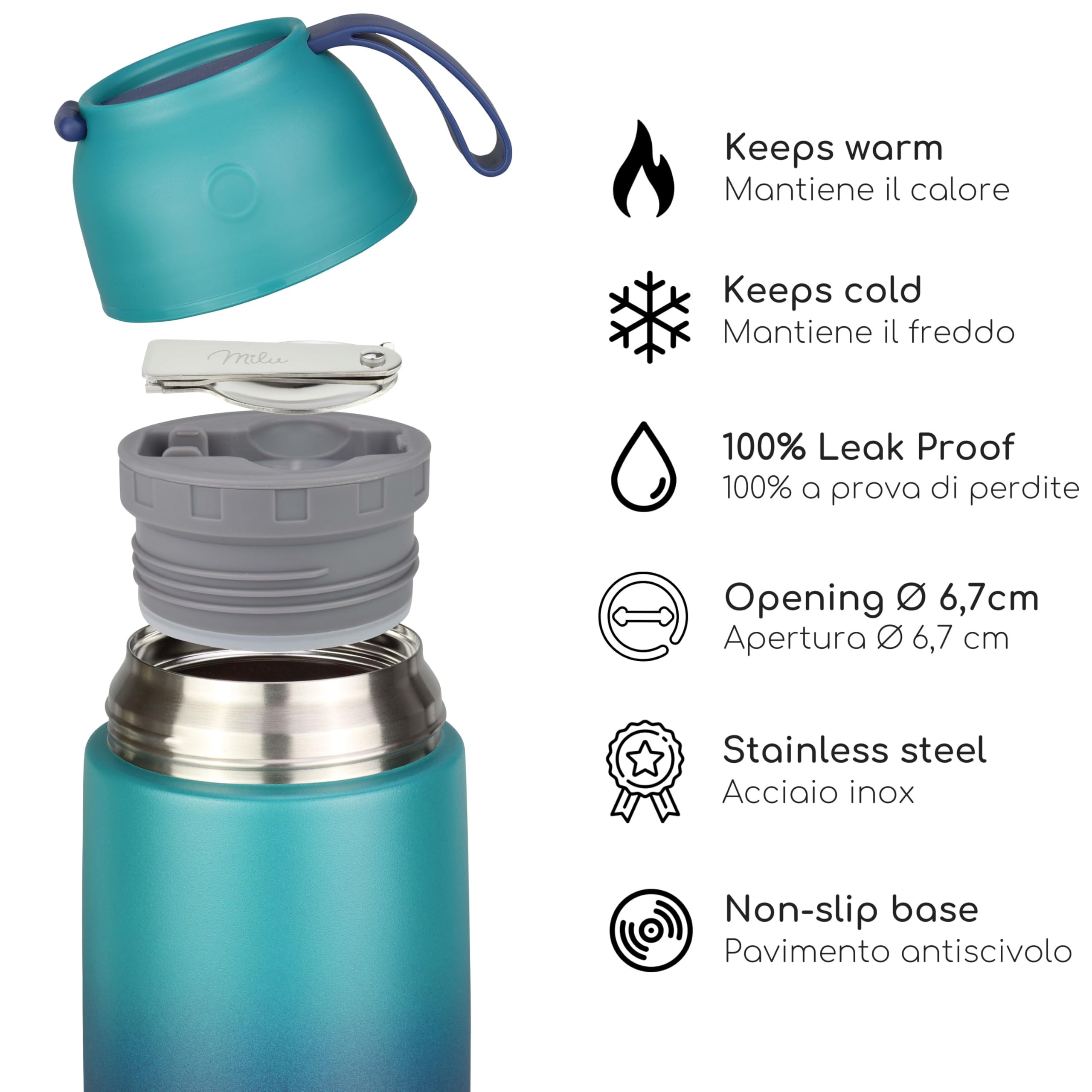 Milu Thermo per Alimenti 450 ml Contenitore Termico Acciaio Inossidabile Isotermico Sottovuoto Cibi Caldi Freddi Verde Blu