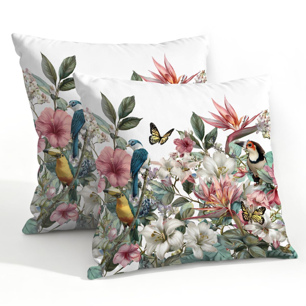 Outdoor Pillow Covers Waterproof Pillowcases 22x22in Set of 2 Tropical Botanical Floral Birds Decorative Throw Cushion Case for Couch Sofa Garden Patio Furniture