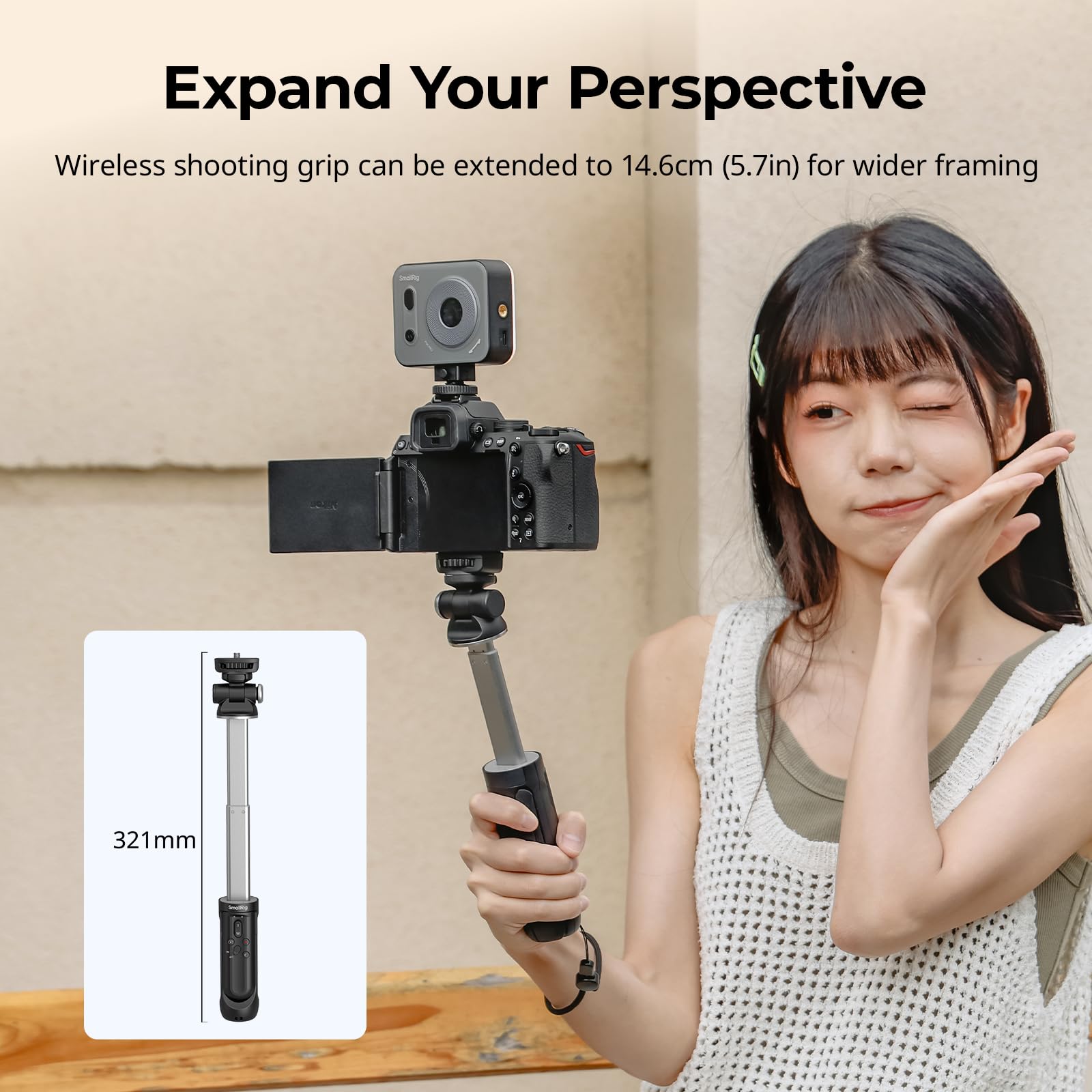 SMALLRIG SR-RG2 Multifunktionaler kabelloser Aufnahmegriff, Verstellbarer Selfie-Stick, ferngesteuerte Kamera, für Nikon, für Canon, für Sony, für Vlogging, Live-Streaming, tägliches Filmen – 4551