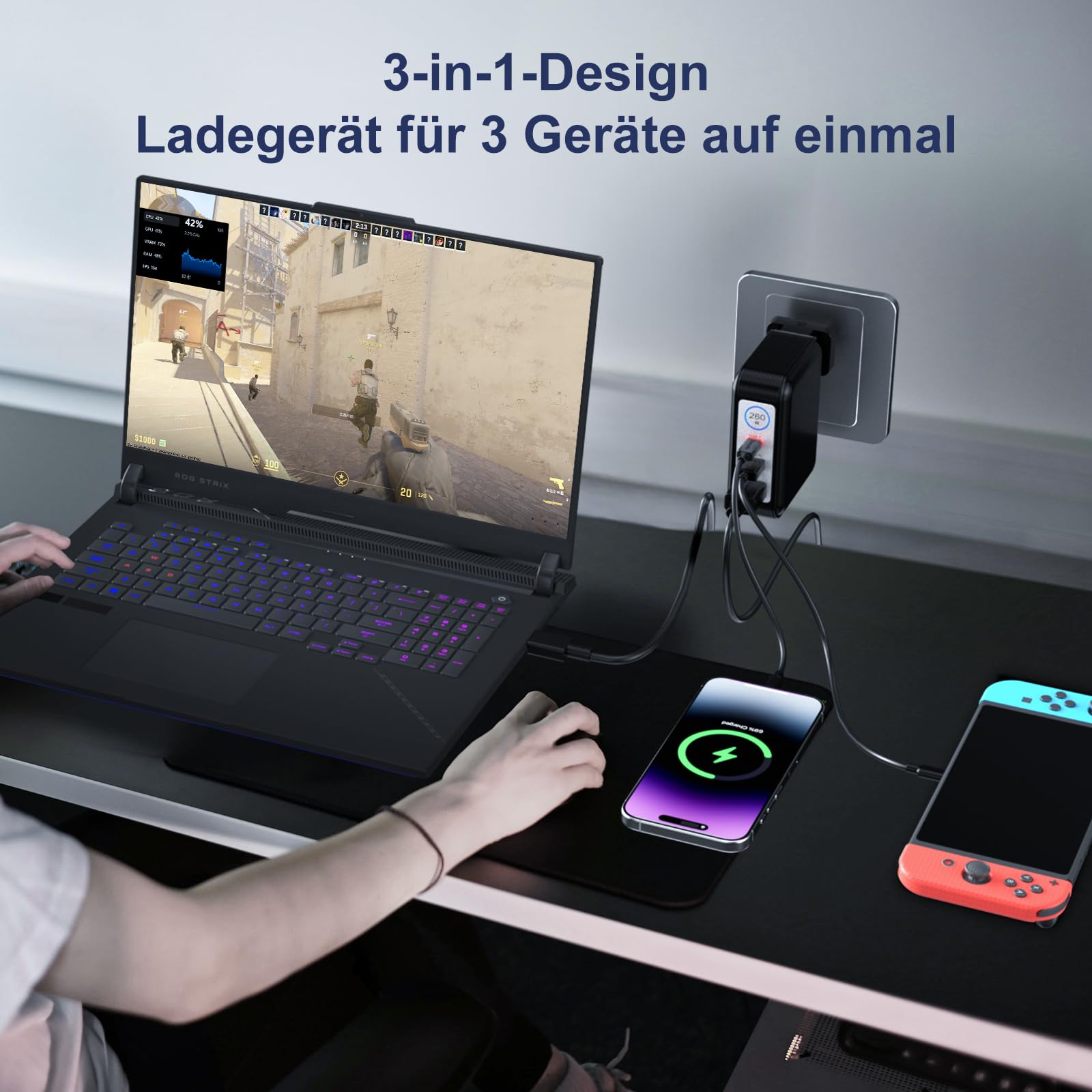 Caricatore portatile da 260W (20V/13A) per ROG Zephyrus G16/G14, portatile GaN pieghevole per laptop da gioco, PD 3.0 con cavo da 75–40 mm, compatibile con ASUS TUF Gaming A14/A16