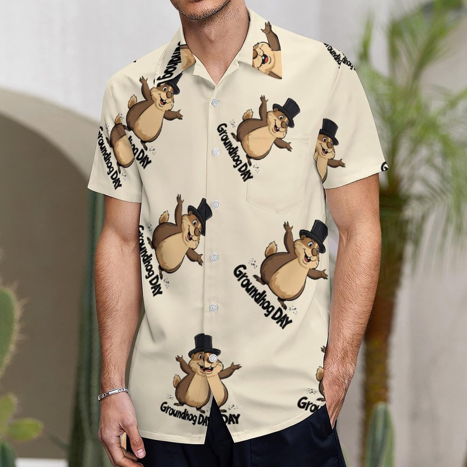Happy Groundhog Day Mens Shirts Short Sleeve Button Down Beach Shirts with Pockets