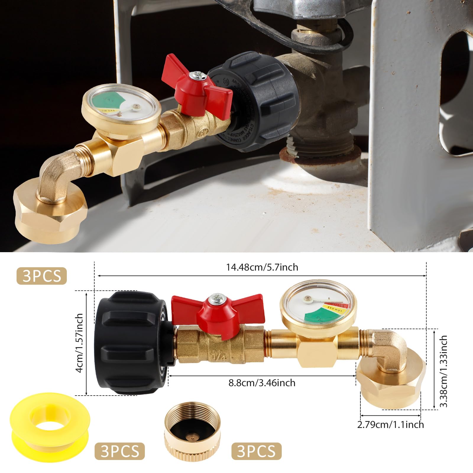 LCZNXJJY 3PCS Propane Refill Adapter Fits Qcc1/Type1 1lb Propane Tank Refill Adapter 90-Degree Elbow, Multi-Purpose Gas Refilling Converter w Valve & Gauge for BBQ & Camping Stove