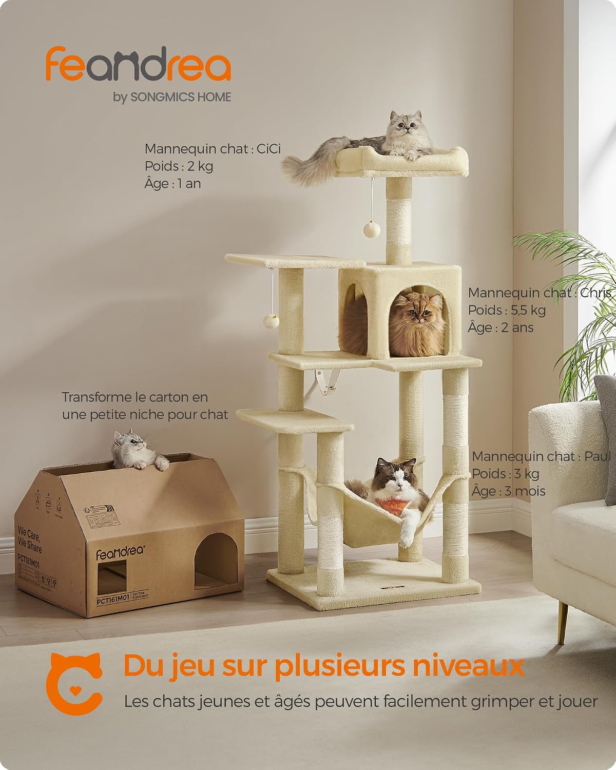 Feandrea Arbre à Chat Hauteur 143 cm, Tour de Jeux pour Chats, avec 4 Poteaux à Griffer, 2 - Mise en situation et utilisation