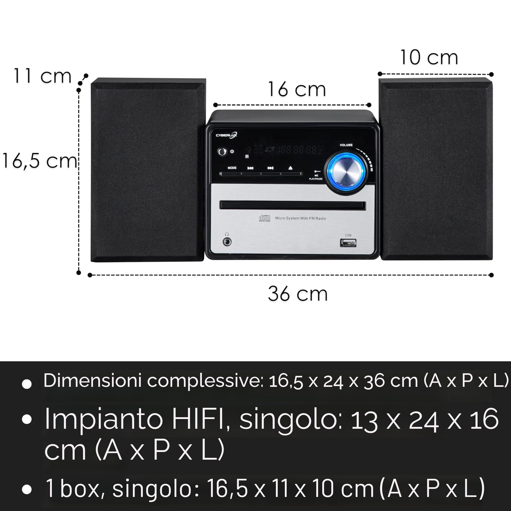 Cyberlux Impianto musicale retrò HiFi stereo compatto USB Line Out CD/MP3 Radio FM Display LED