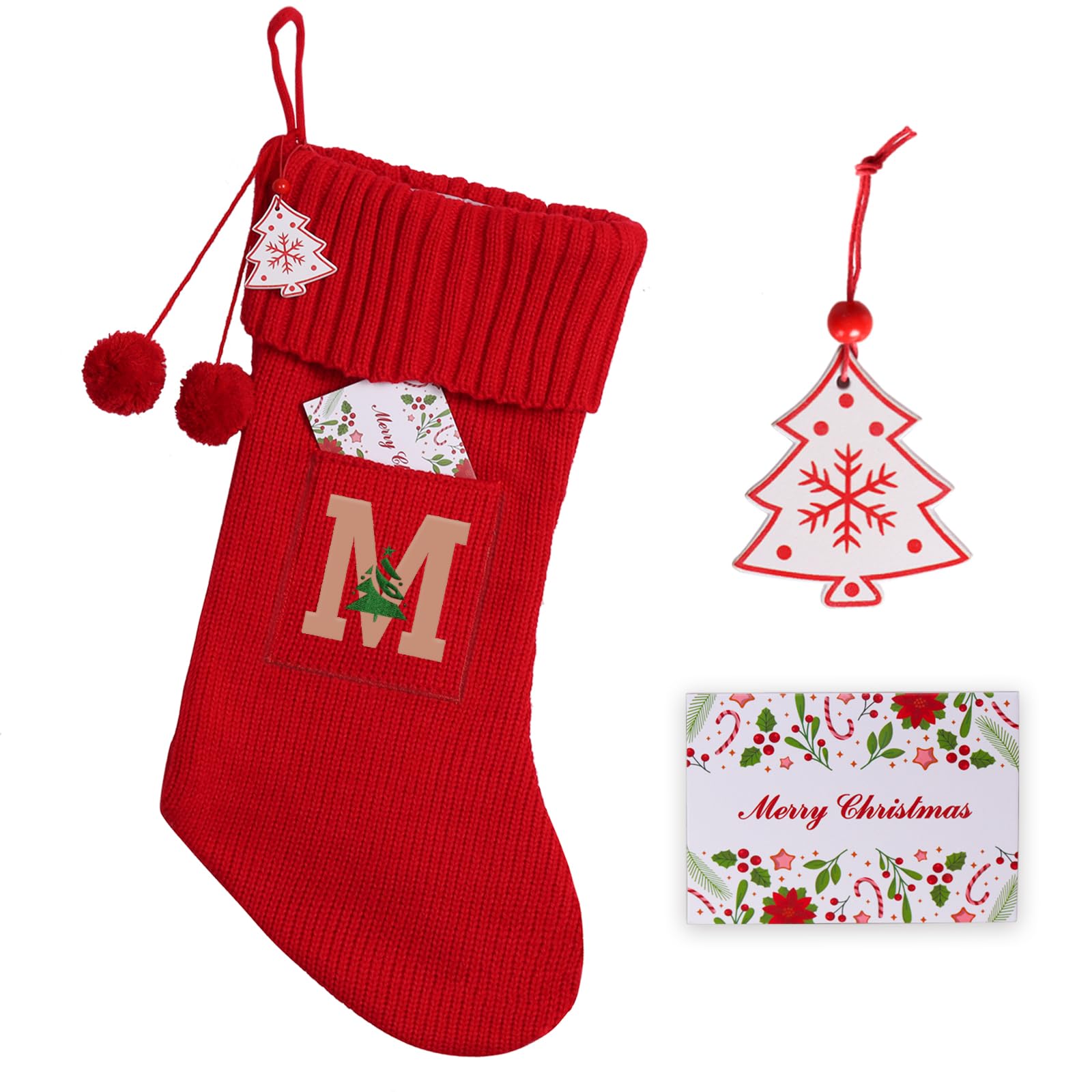 K-MLICE Christmas Stocking 18 Inches Large Knit Christmas Stockings Monogram Initial Personalized Christmas Stockings for Family Xmas Home Decor White Red Green Tree Fireplace Ornaments Red M