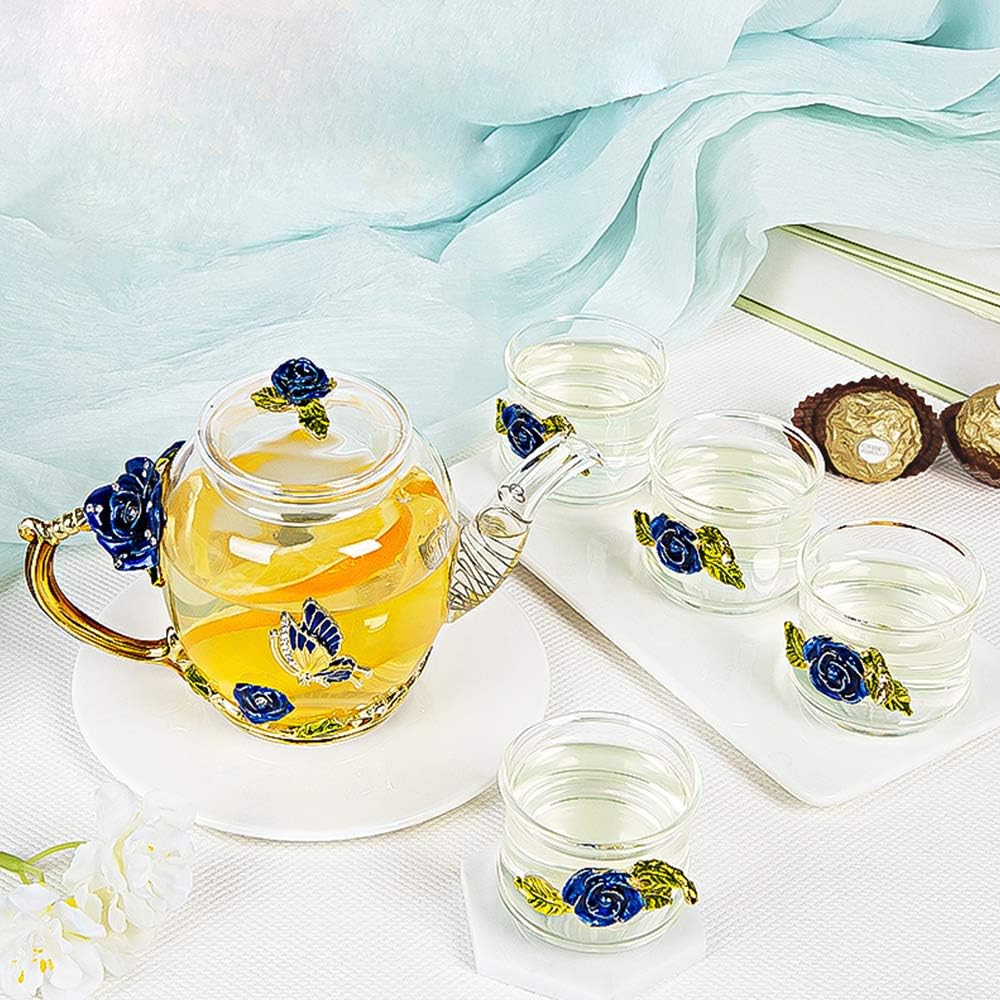 Prоmо 40% оƒƒ Affogato Glass Teapot - 280 ml (9.47 oz) - with 6 Cups France Enamel Blue Rose Flower Butterfly Decoration Heat Resistant Glass Teapot Kettle with Strainer for Blooming Tea, Loose Leaf Tea