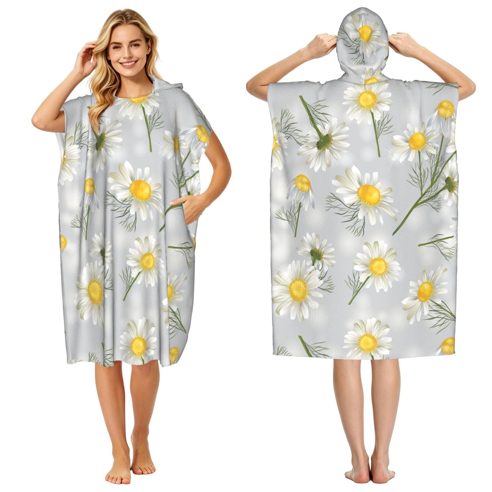 Poadnly Chamomile Flowers, Adult Hooded Beach Towel 90 x 110 cm,Changing Bath Robe, Surf Poncho Towel For Women Men