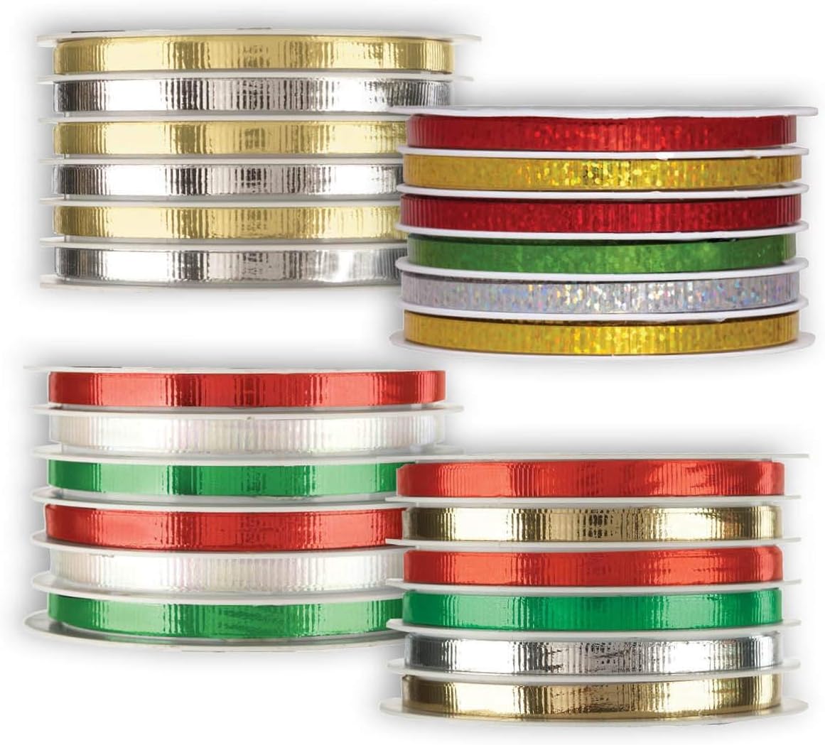Jillson Roberts 4 Spool-Count Christmas Multi Channel Curling Ribbon Available in 3 Different Assortments, Red/Green/White/Metallic Gold/Silver