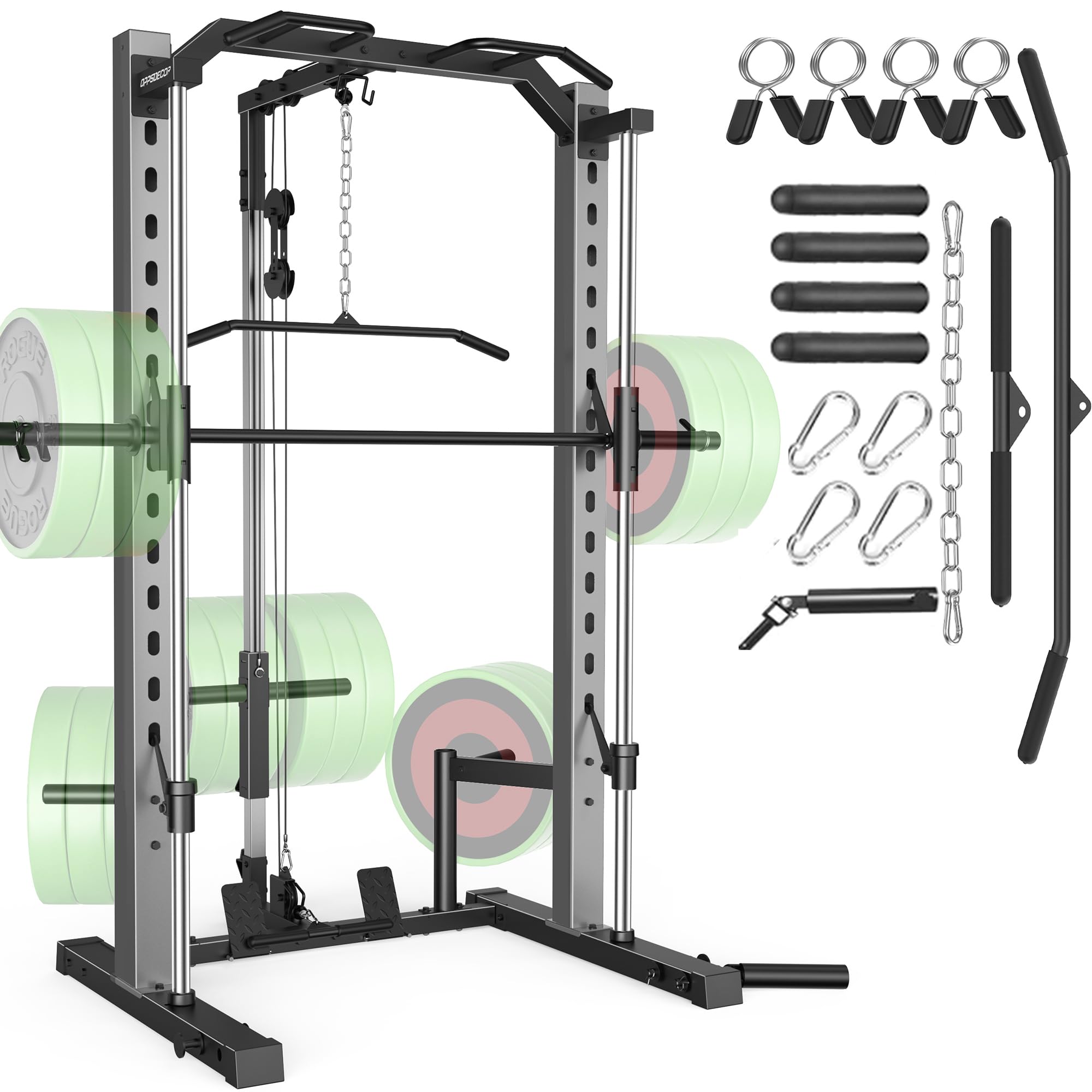 OPPSDECOR All-in-One Adjustable Smith Machine with LAT-Pull Down System Multi-Function Power Cage for Home Gym Cable Crossover Squat Rack of Workout Machine Training Equipment with Attachments