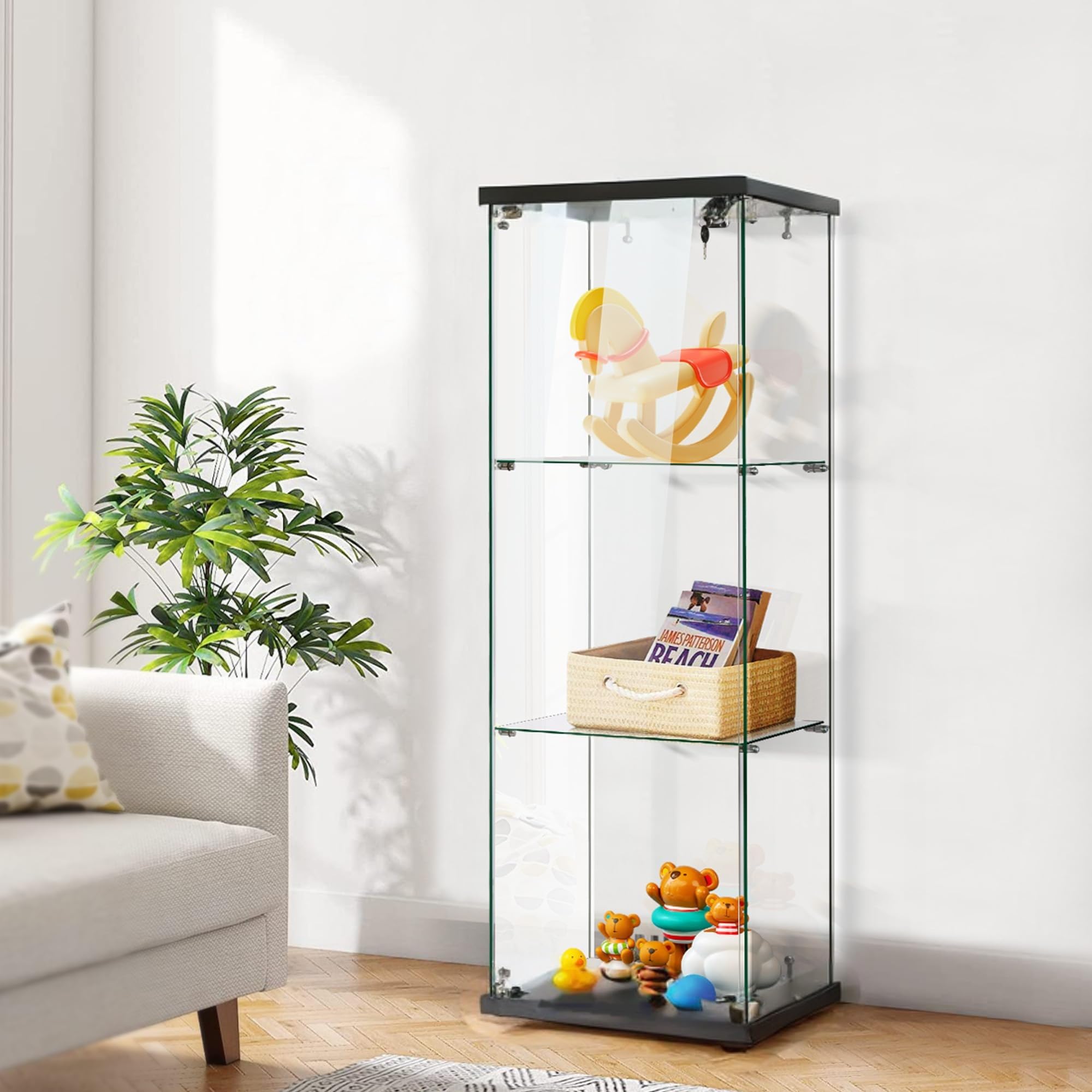 Vitrina de Cristal,125x43x37cm, armario de colección moderno de cristal de 3 capas con 1 puertas y cerradura,5 mm de vidrio templado transparente armadura de cristals de pie para sala de estar