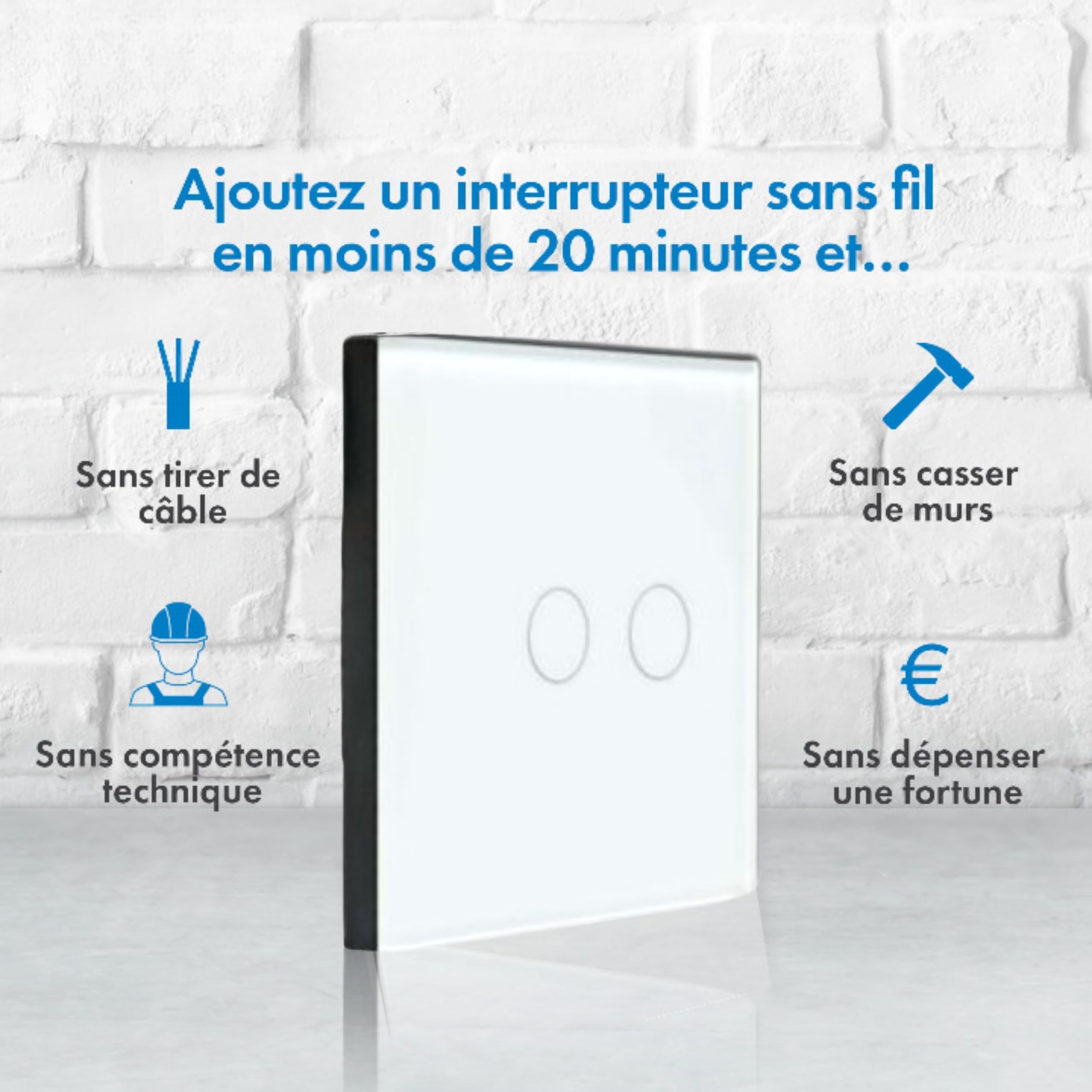 KIT interrupteur sans fil - 2 Télécommandes murales + 1 Mini récepteur encastrable - Va et vient sans travaux - Commande à distance - commutateur radio RF (1+2 - Bouton Double)