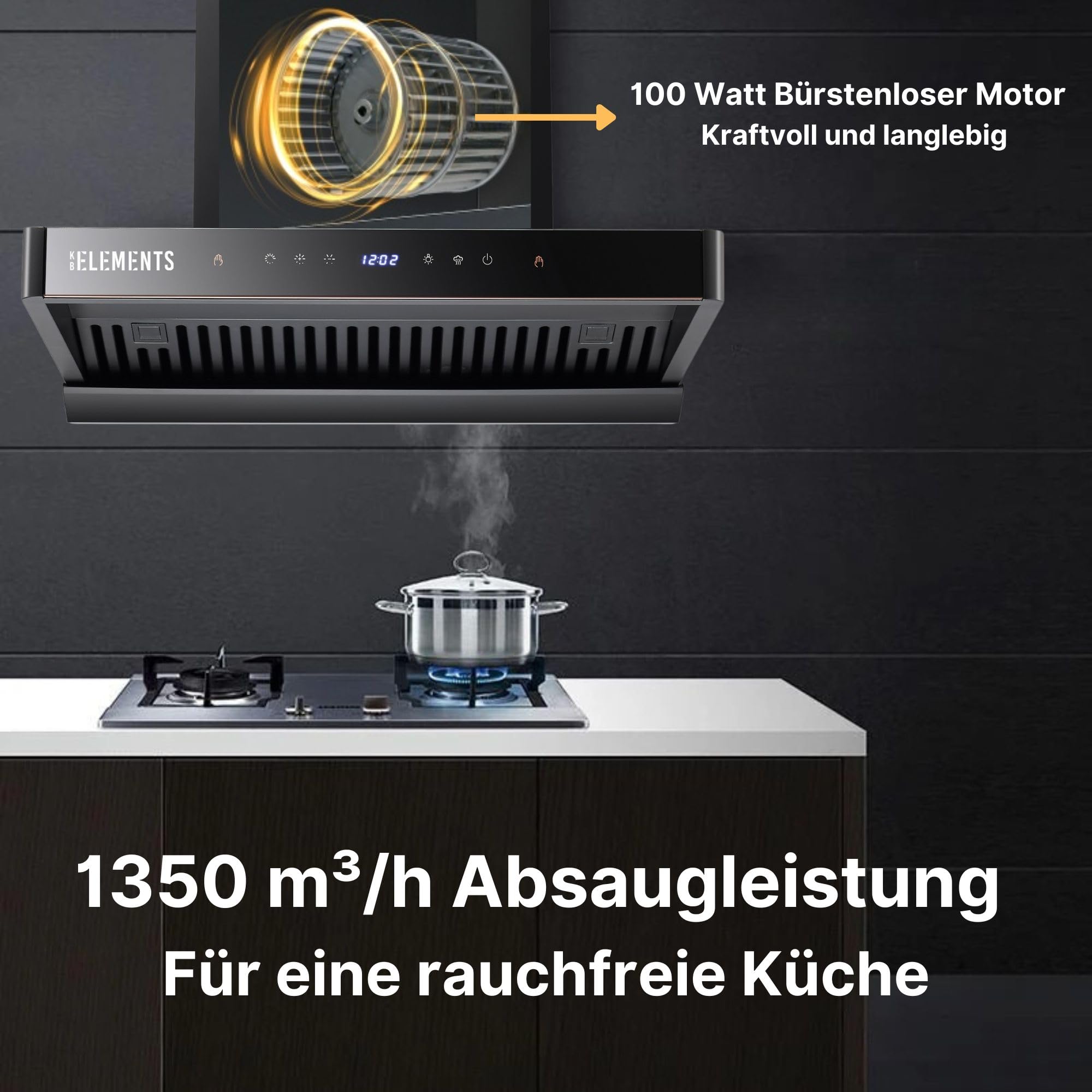 Cappa Aspirante 90 Cm ELK152H90 - Aspirazione 1350 M&sup3;/h, 8 Livelli, Filtro Carboni Attivi, Classe A+, Vetro Nero