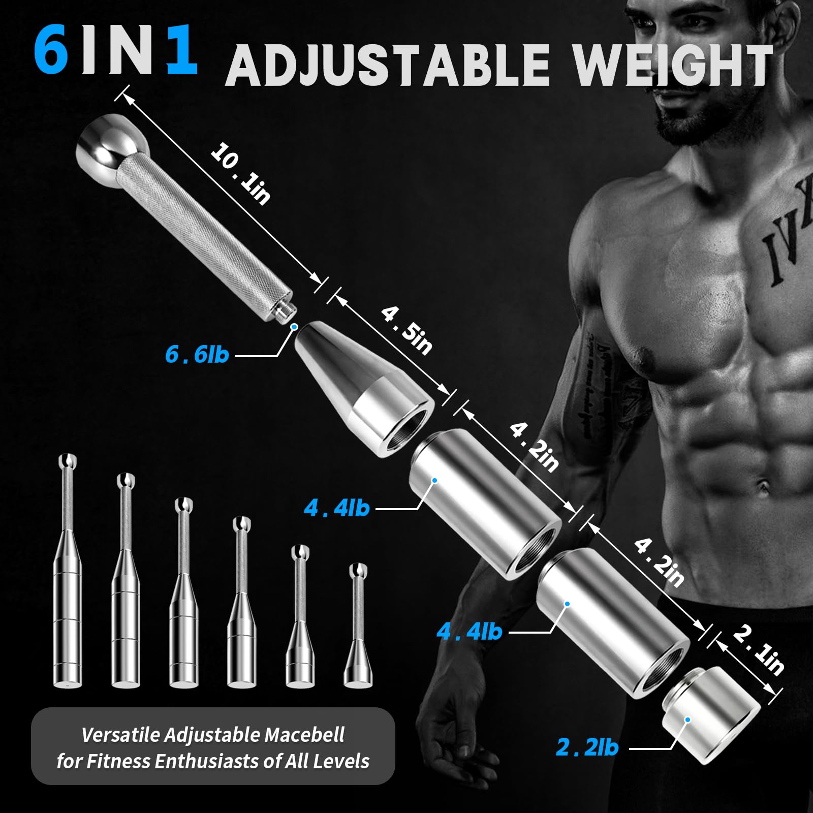 Dooeant Adjustable Macebell Clubbell, 6-in-1 Stainless Steel Indian Club Training System (6.5-17.5LBs) for Full Body Strength, Non-Slip Handle for Grip Workouts