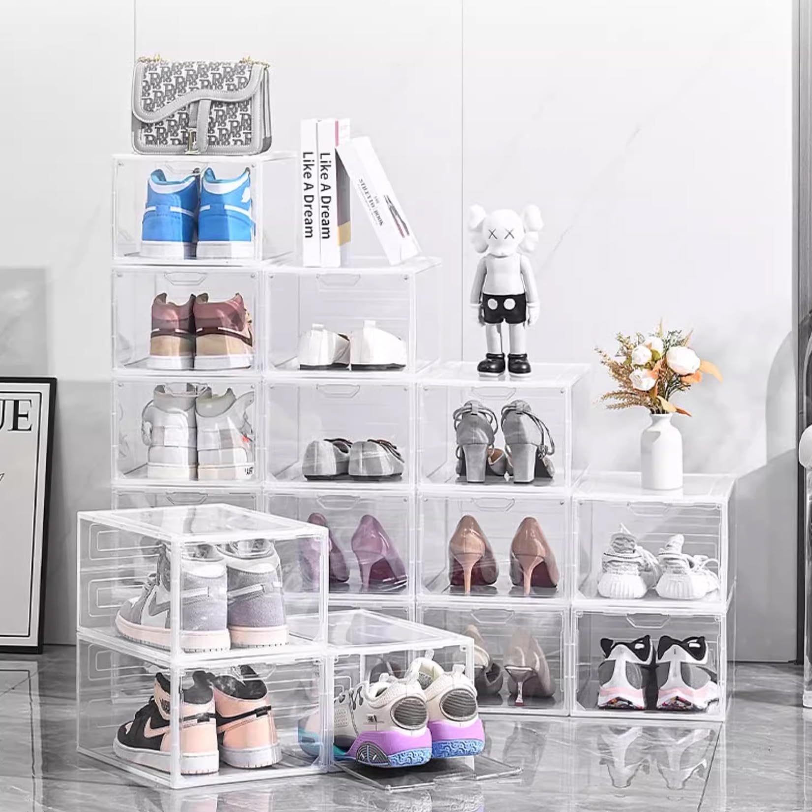Schuhboxen Organizer-Schuhkartons durchsichtig,Transparent Schuhaufbewahrung für Sneakers und Turnschuhe,Kunststoffbox mit durchsichtiger Tür, 33.5 x25 x 8cm, für Schuhe bis Größe 46, Weiß (6Pcs)