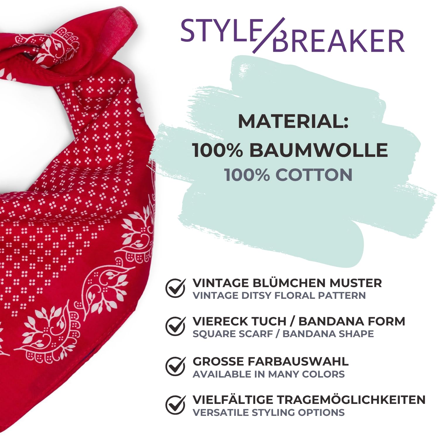 styleBREAKER Damska chusta trójkątna bawełniana ze wzorem w kwiaty, wielofunkcyjna, chusta na szyję, chusta na głowę, bandana 01016201