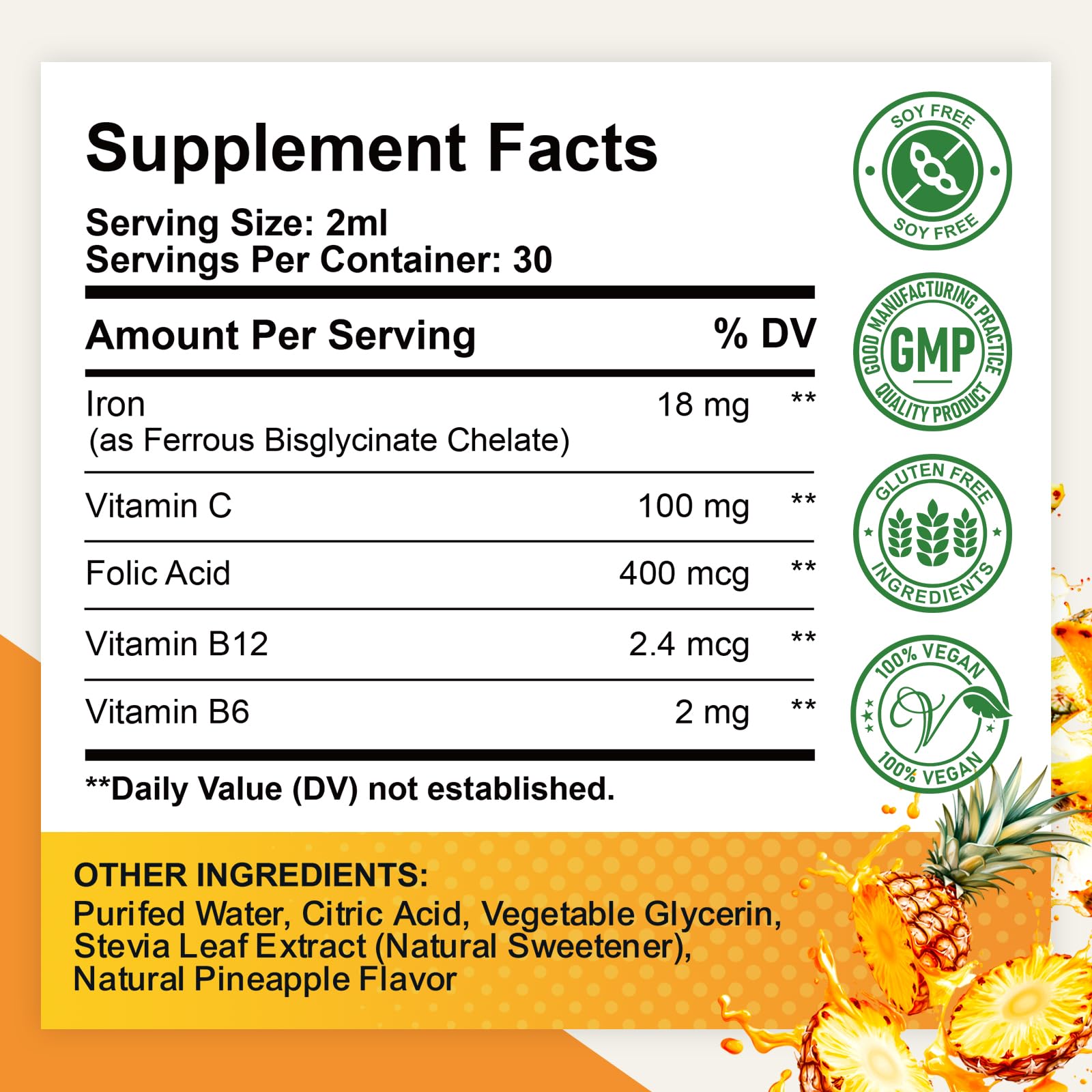 Liquid Iron Supplement for Women, Men & Kids, Liquid Iron Drops with Folate, Vitamin C, B6, B12 for Anemia, Red Blood Cell, Energy Support, Pineapple Flavor, 2 Fl Oz — Amazon image 2