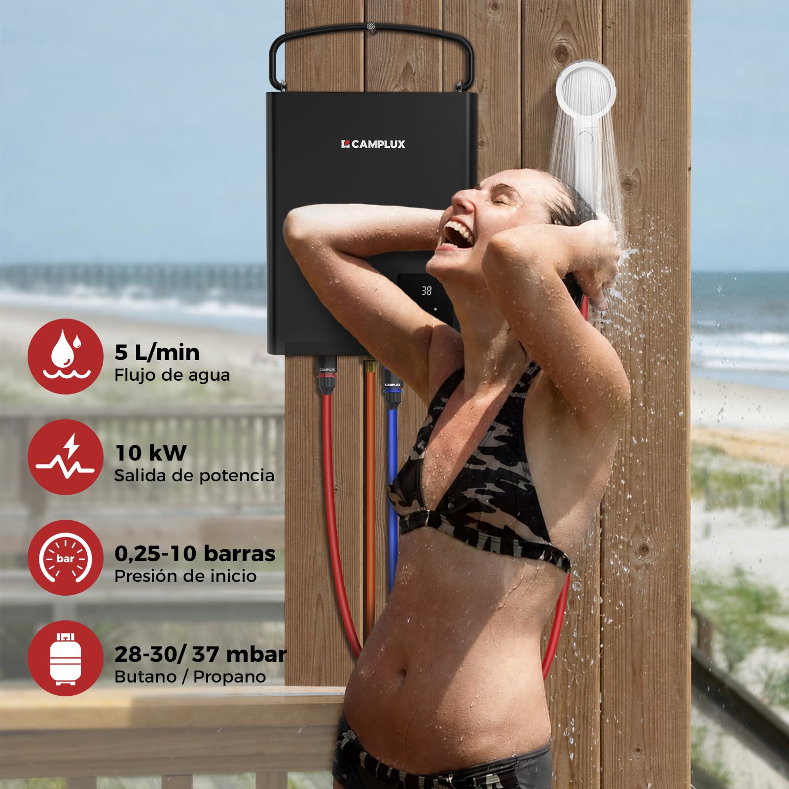 CAMPLUX Calentador de Agua a Gas para Exterior, Termostático, 5L, F5B Ultra