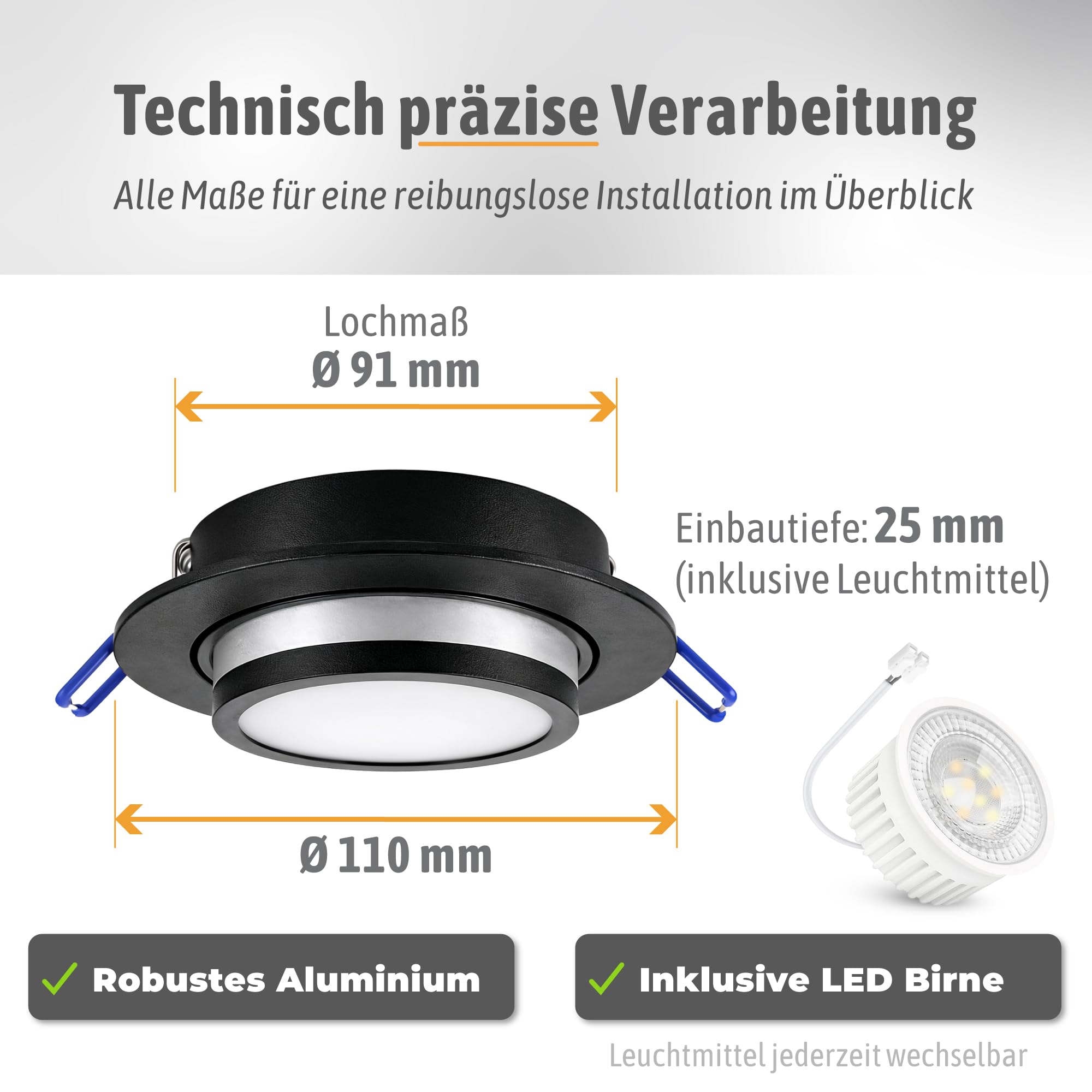 SSC-LUXon LAGO LED Einbauspot 4 Stück schwarz indirekt 4W 3 Lichtfarben | Vier Design-Deckenspots schwarz mit indirektem Licht - warm / neutral / tageslicht, schwenkbar, inkl. LED, nur 35mm tief
