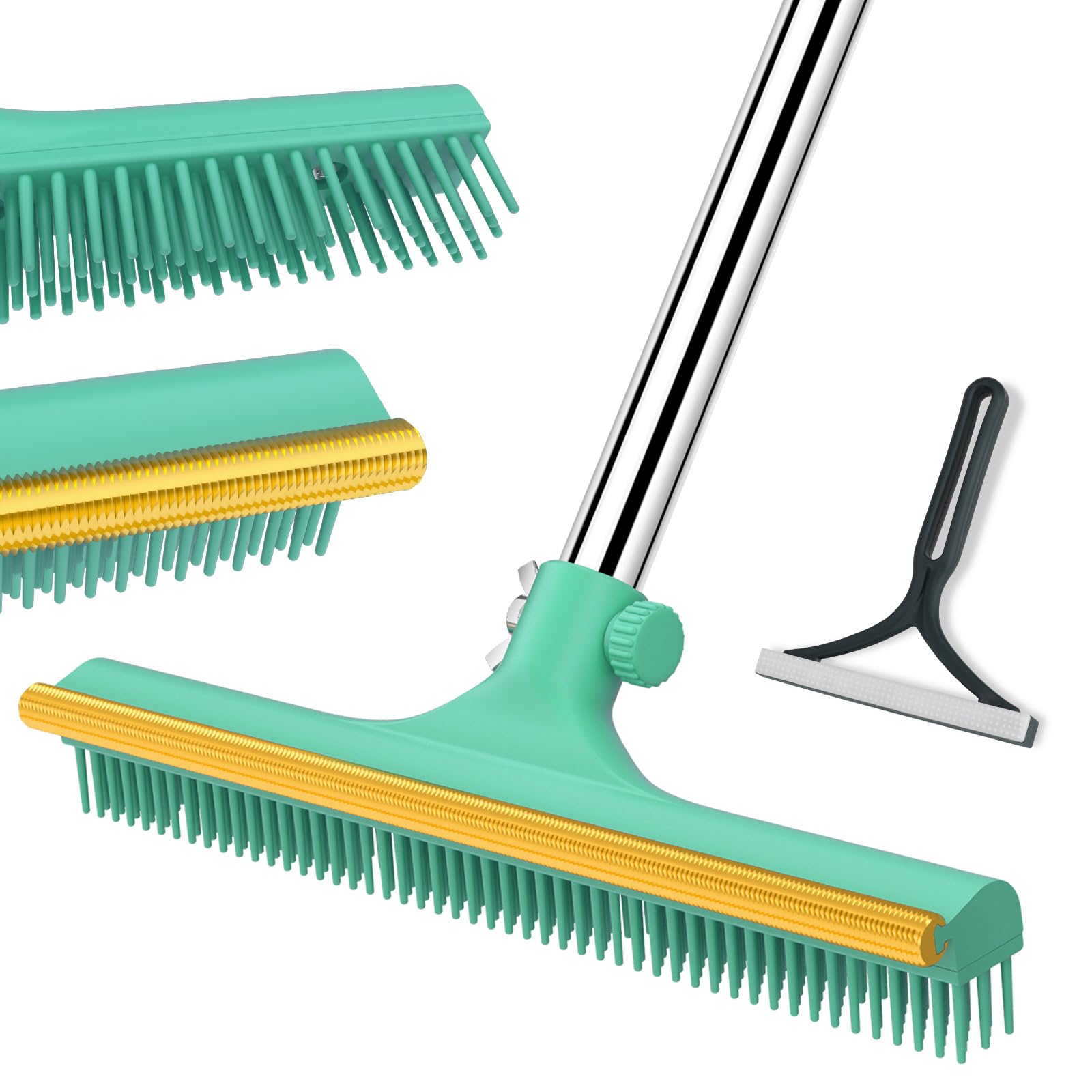 Carpet Rake for Pet Hair Removal, Reusable Pet Hair Remover Broom, 60'' Adjustable Long Handle Dog and Cat Hair Remover Tool Set of 2, Lint Remover Scraper for Carpets, Rugs, Mats, Couch, Car (Green)