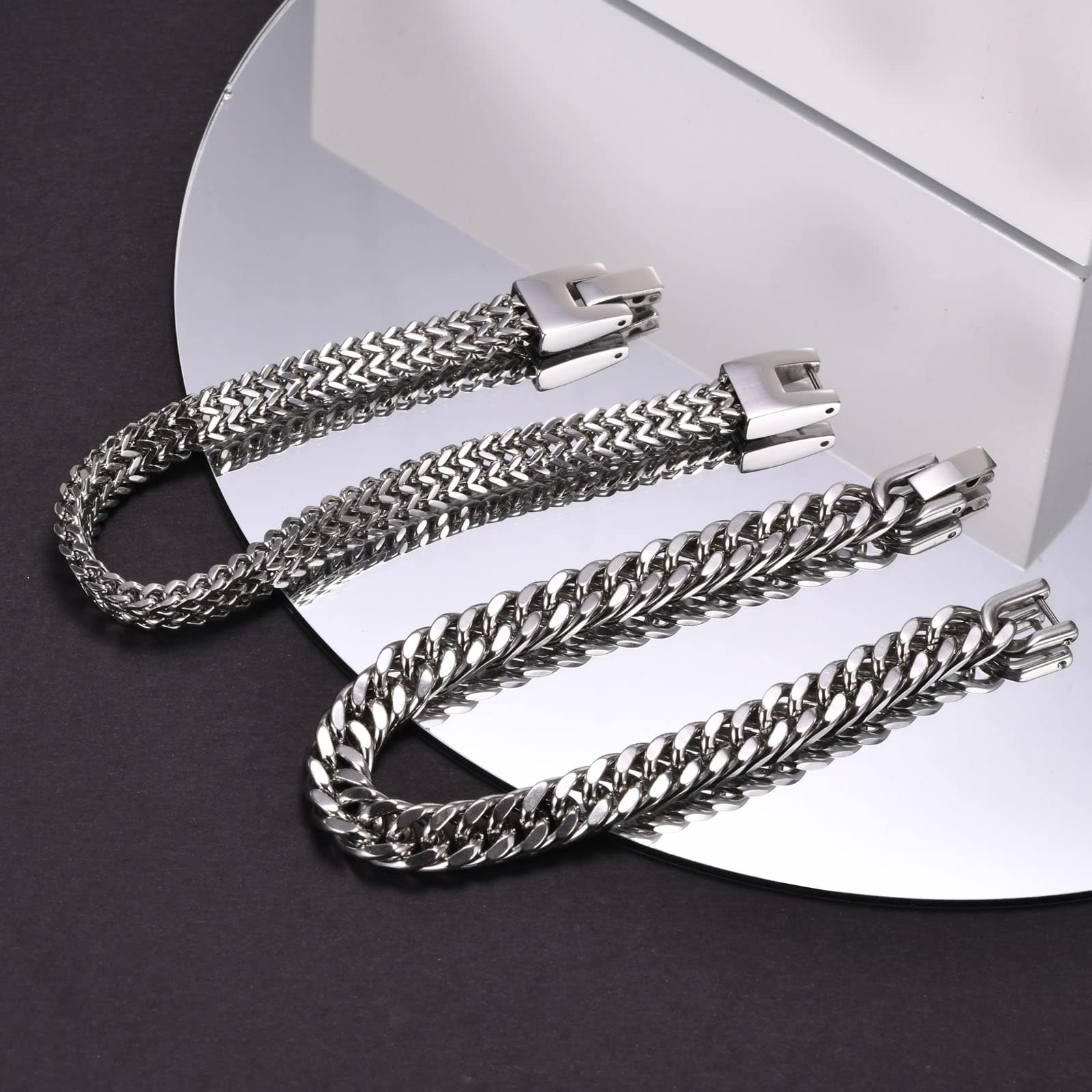 Herren Armband Edelstahl Armbänder Panzerkette - 2 Stücke Silber Schwarz Gold Herrenarmbänder für Männer Jungs Kubanische Armband 8mm Breite 19cm/21cm/23cm Länge Geschenke für Ehemann Papa Sohn Bruder