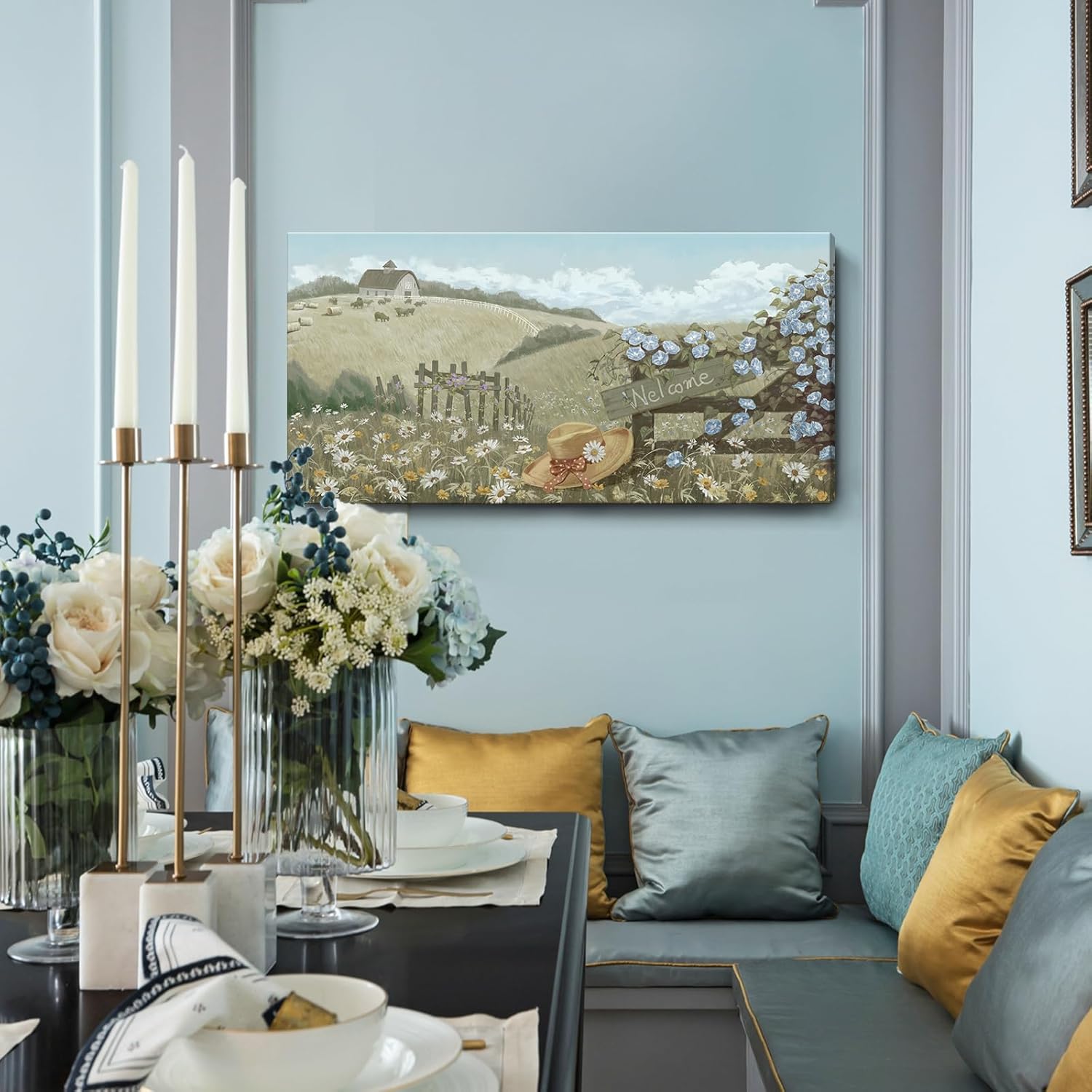 Blue Ocean Sunset Framed Wall Art Abstract Coastal Wild Flowers Beach Picture Sunrise With Yellow Orange Sky Natural Seascape Canvas Print White Wildflowers Sea Landscape Seaside Artwork 30x60inch