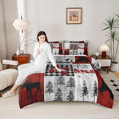 Miniatura 3 de Juego de edredón rústico de granja para niños, edredón de oso de caza, alce, ciervo, tamaño individual, inserto de edredón de cabaña de campo, juego
