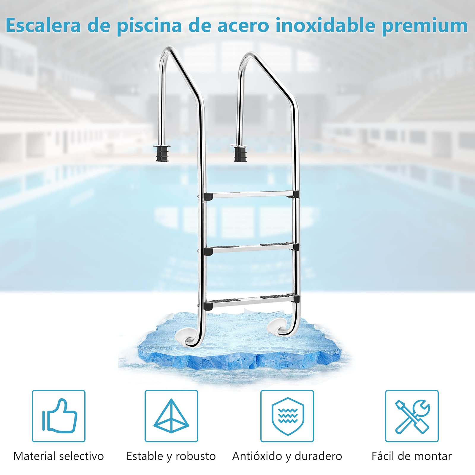 GOPLUS Escalera para Piscina de Acero Inoxidable, Escalera de Piscina Antideslizante de 3 Peldaños, Carga de 150 kg, 53x63x147cm, Escalera Piscina Desmontable de Fácil Montaje