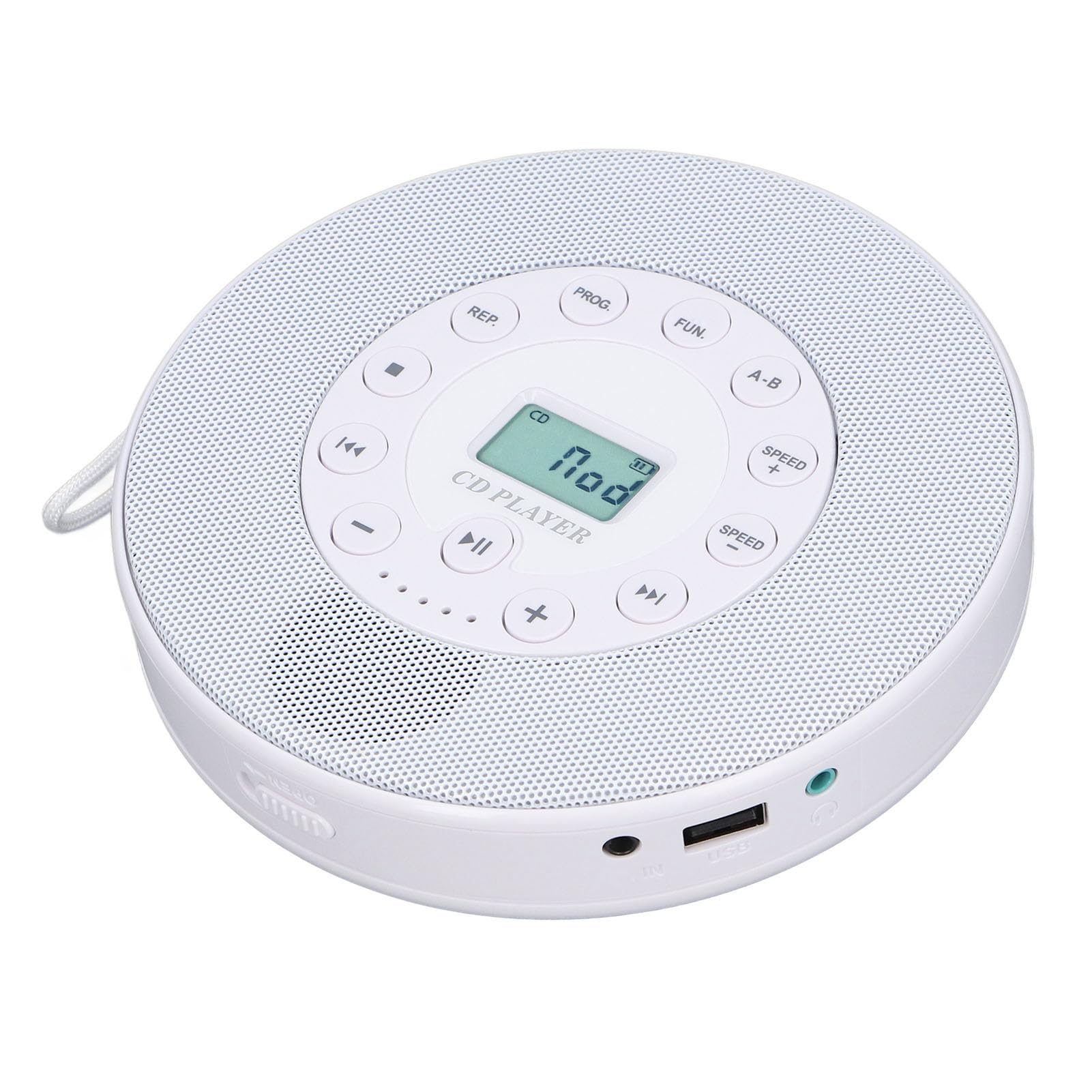 Greensen Lettore CD Portatile, Lettore CD Bluetooth ABS con Altoparlante Integrato, Batteria Ricaricabile da 2000 MAh, Uscita da 3,5 Mm, Riproduzione MP3 USB per Ascolto in Auto e a Casa (WHITE)