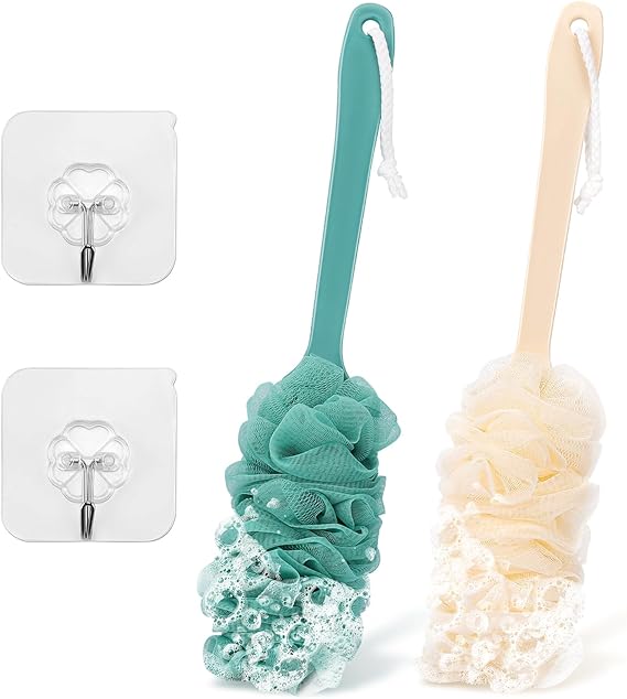 2Pack Back Scrubber for Shower Loofah with Long Handle, Shower Brush for Body, 17″ Loofah on a Stick for Men Women Bathing Accessories, Scrubber Sponge for Exfoliating Bath Brushes (Beige & Green)