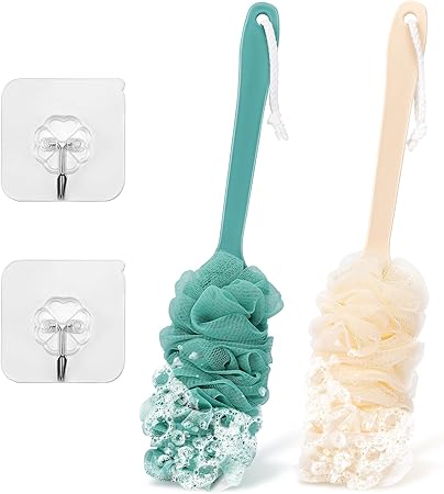 2Pack Back Scrubber for Shower Loofah with Long Handle, Shower Brush for Body, 17″ Loofah on a Stick for Men Women Bathing Accessories, Scrubber Sponge for Exfoliating Bath Brushes (Beige & Green)