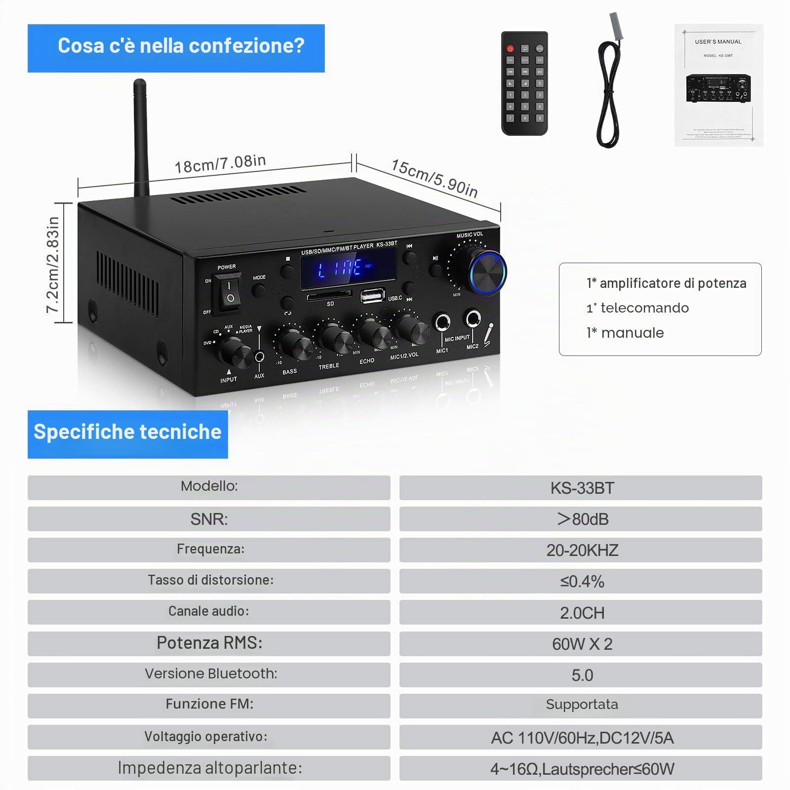 Amplificatore Audio Casa,Bluetooth 5.0 HiFi Amplificatore,KS-33BT 2Canali RMS 60W X 2 Max 400W X 2 Amplificatore Stereo Ricevitore W/Echo, USB/SD/AUX/BT.C/FM Microfono per Home Cinema Auto, Festa