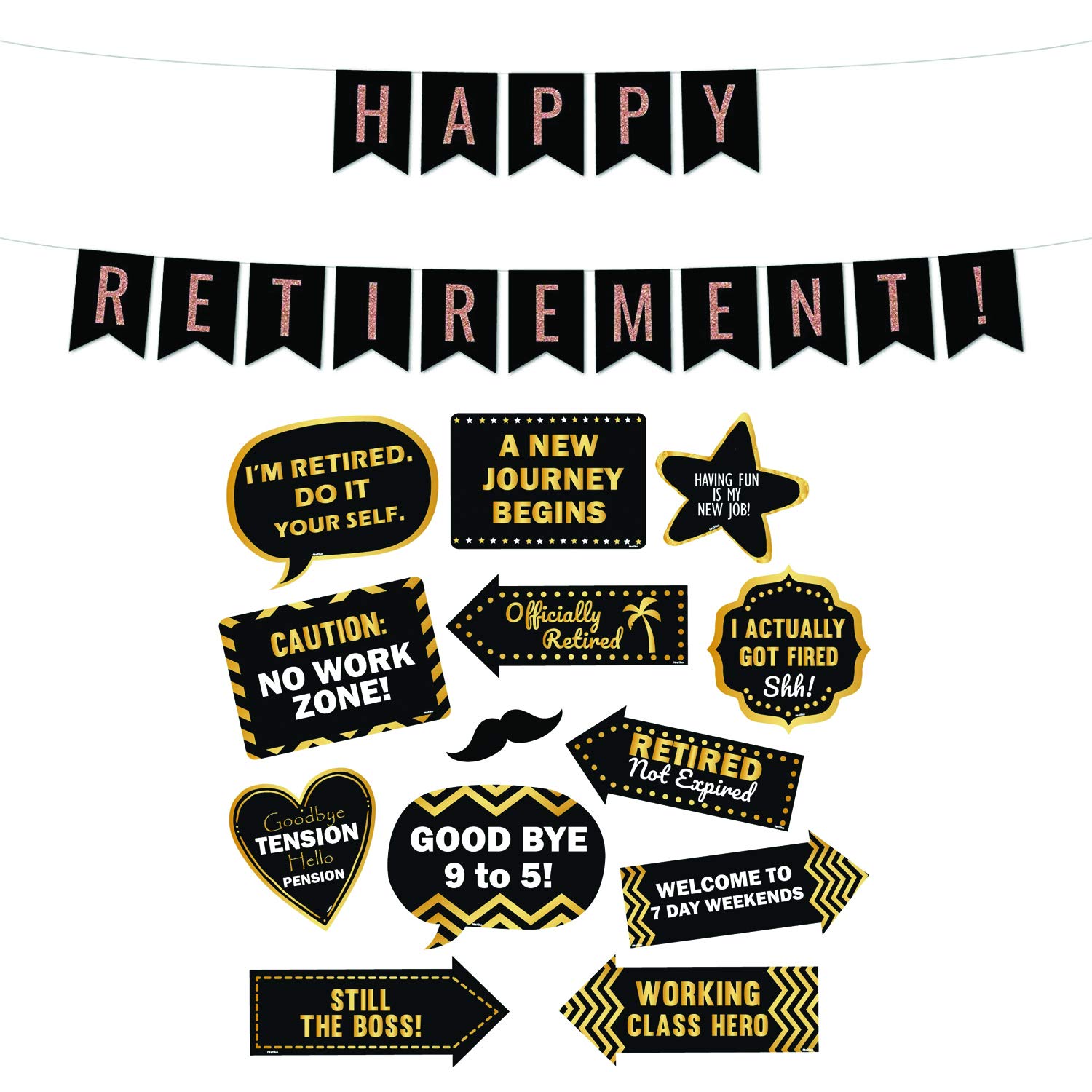 Festiko® 14 Pcs Happy Retirement Combo (Banner, Photobooth Props), Retirement Party Decoration Supplies