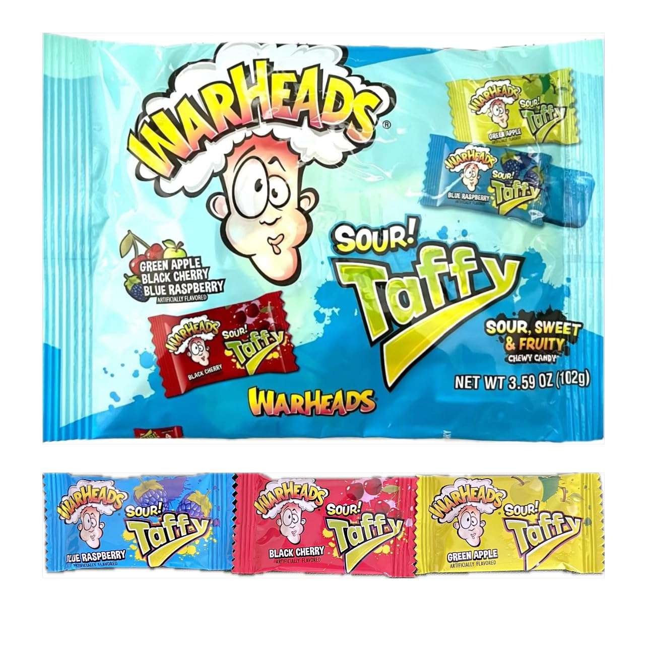 Warheads Sour Taffy Chewy Candies 3.59oz, Individually Wrapped Fruit Flavored Chews in Black Cherry, Blue Raspberry, and Green Apple