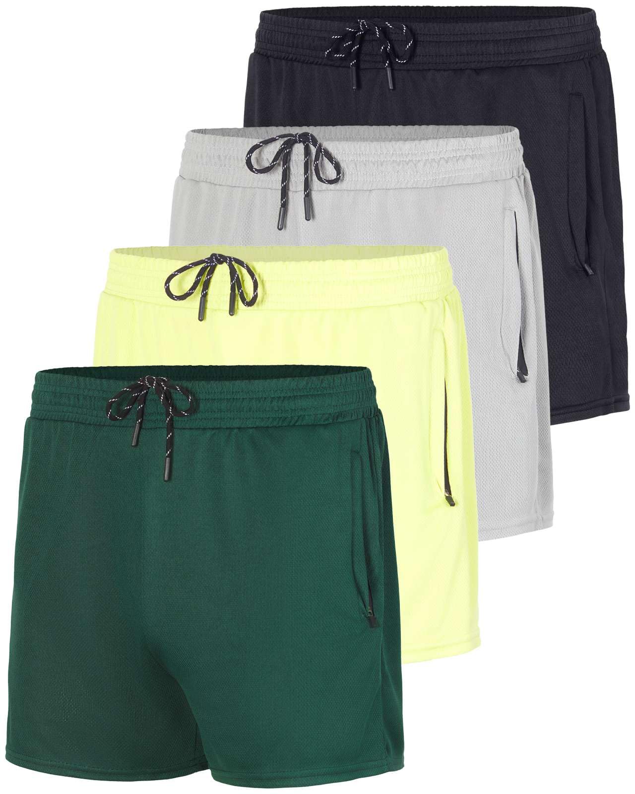 Real Essentials 4 Pack: Men's Mesh 3" Athletic Zipper Shorts Workout Gym Running Basketball