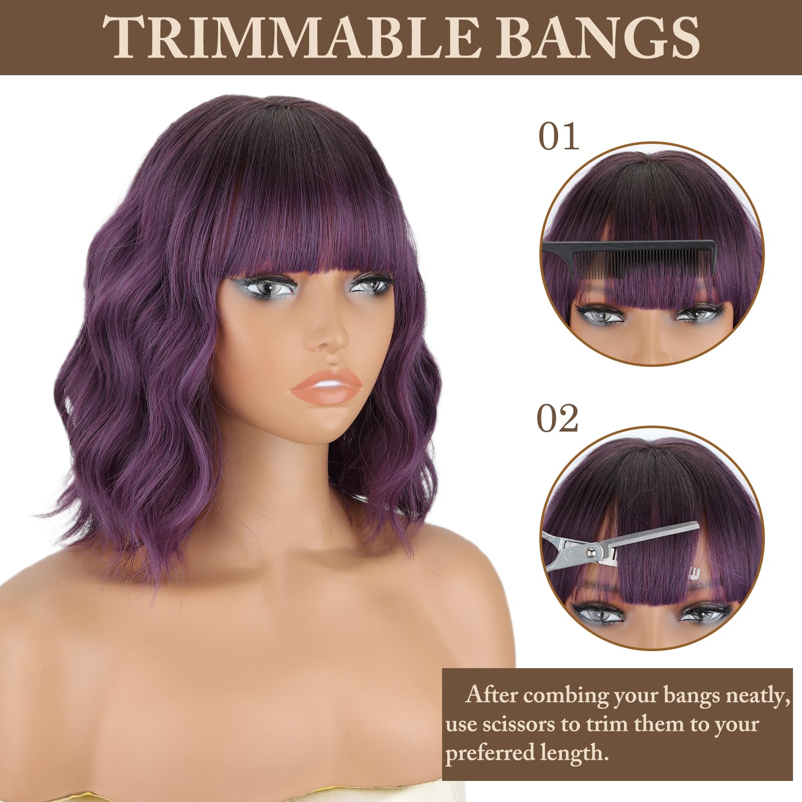 MISSQUEEN Short Wavy Bob Wig with Bangs, Synthetic Heat-Resistant Hair